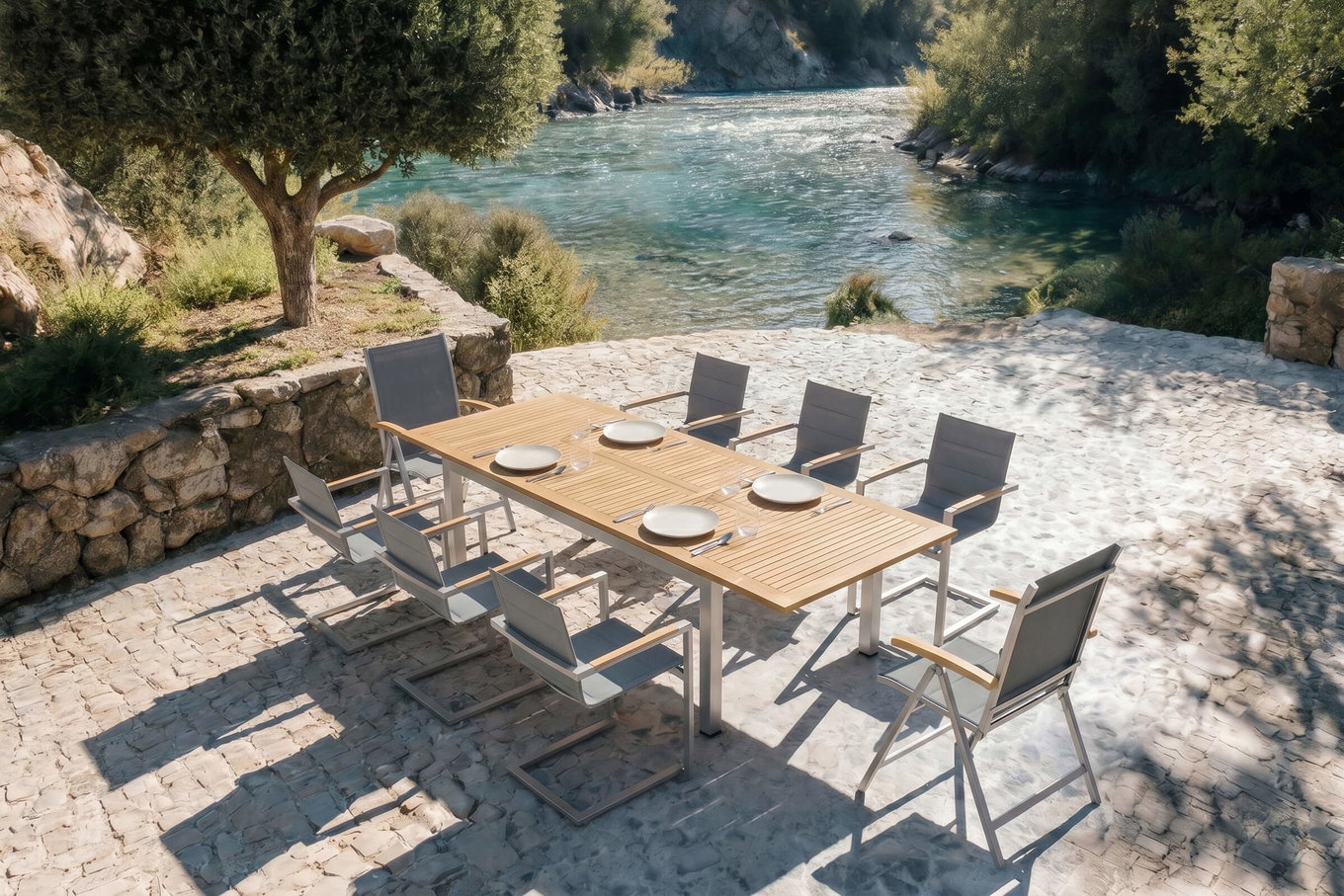 OUTFLEXX Garten-Essgruppe, silber, 200/300 x 100 cm, Edelstahl/Teak, Ausziehtisch, 6 Stühle padded, 2 Klappstühle, FSC®-zertifiziertes Produkt