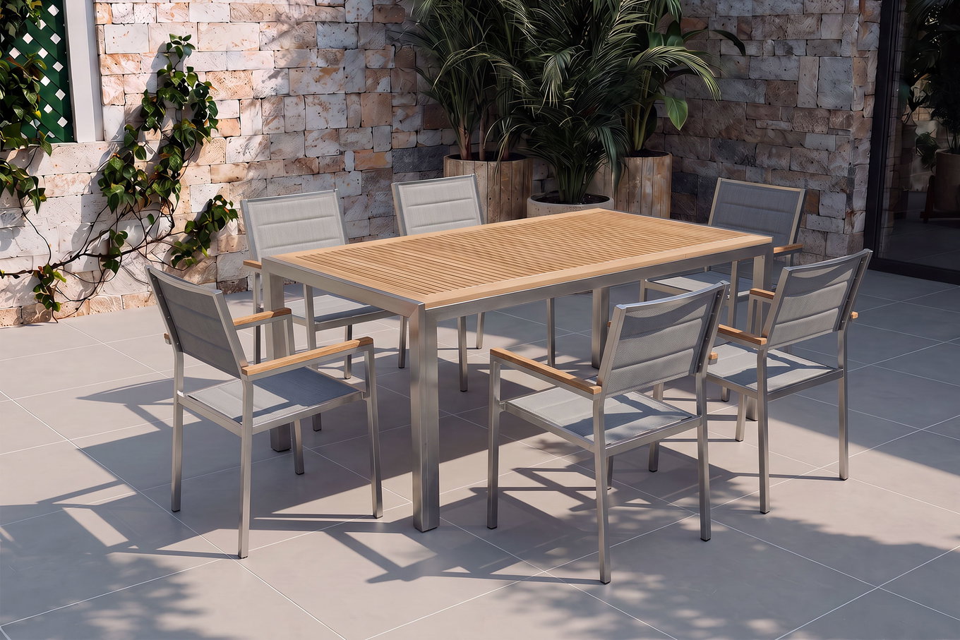 OUTFLEXX Garten-Essgruppe, silber, Edelstahl/Teak, Esstisch 180 x 90 cm, 6 Stapelstühle gepolstert