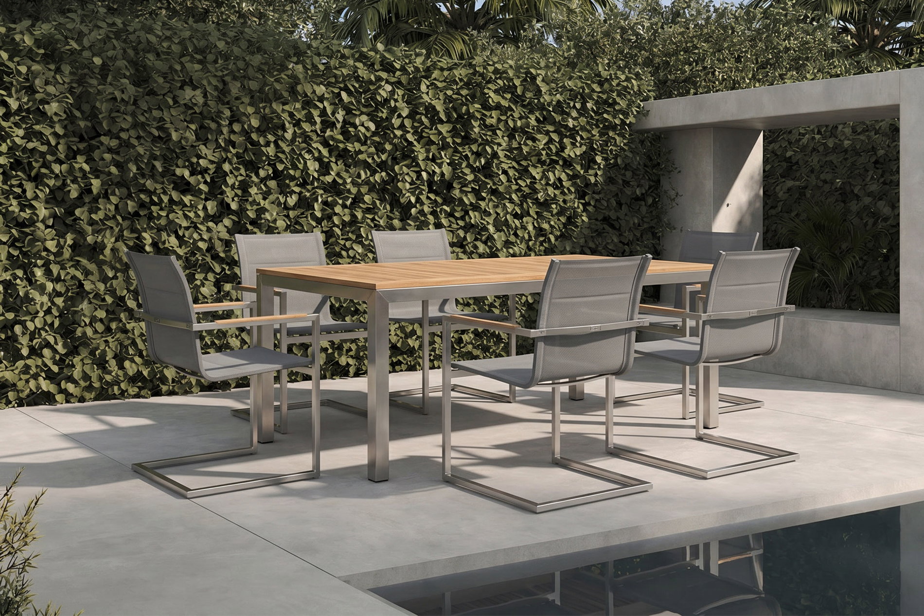 OUTFLEXX Garten-Essgruppe, silber, Edelstahl/Teak, Esstisch 200 x 90 cm, 6 Stapelstühle gepolstert OUTFLEXX Garten-Essgruppe, silber, Edelstahl/Teak, Esstisch 200 x 90 cm, 6 Stapelstühle gepolstert