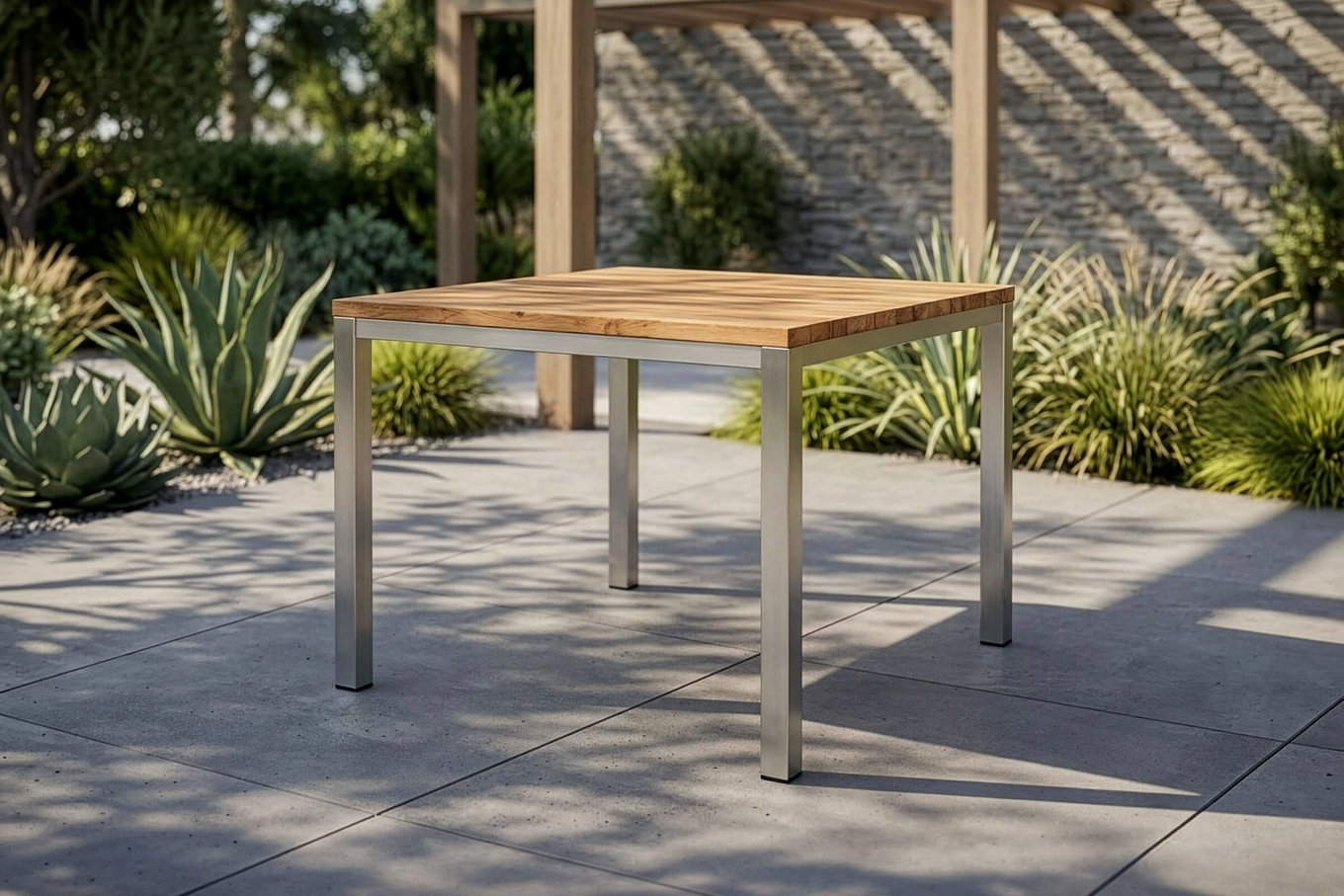 OUTFLEXX Esstisch, silber/natur, Edelstahl/ recyceltes Teak, 90x90cm, rustikal gebürstet, FSC®-zertifiziertes Produkt