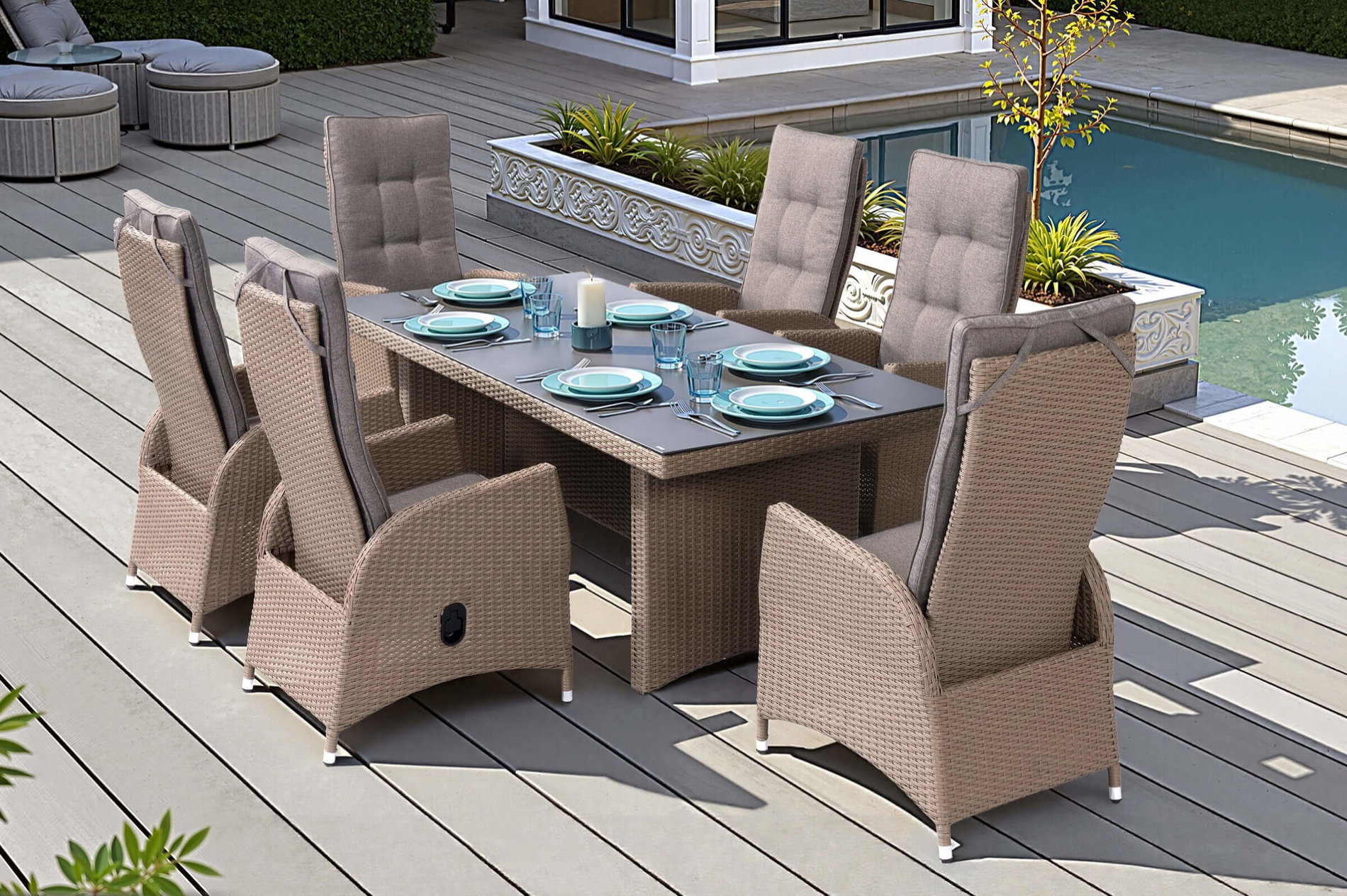 OUTFLEXX Elba Garten-Essgruppe, champagner-meliert/savanna, 200 x 95 cm, Polyrattan/Alu OUTFLEXX Elba Garten-Essgruppe, champagner-meliert/savanna, 200 x 95 cm, Polyrattan/Alu