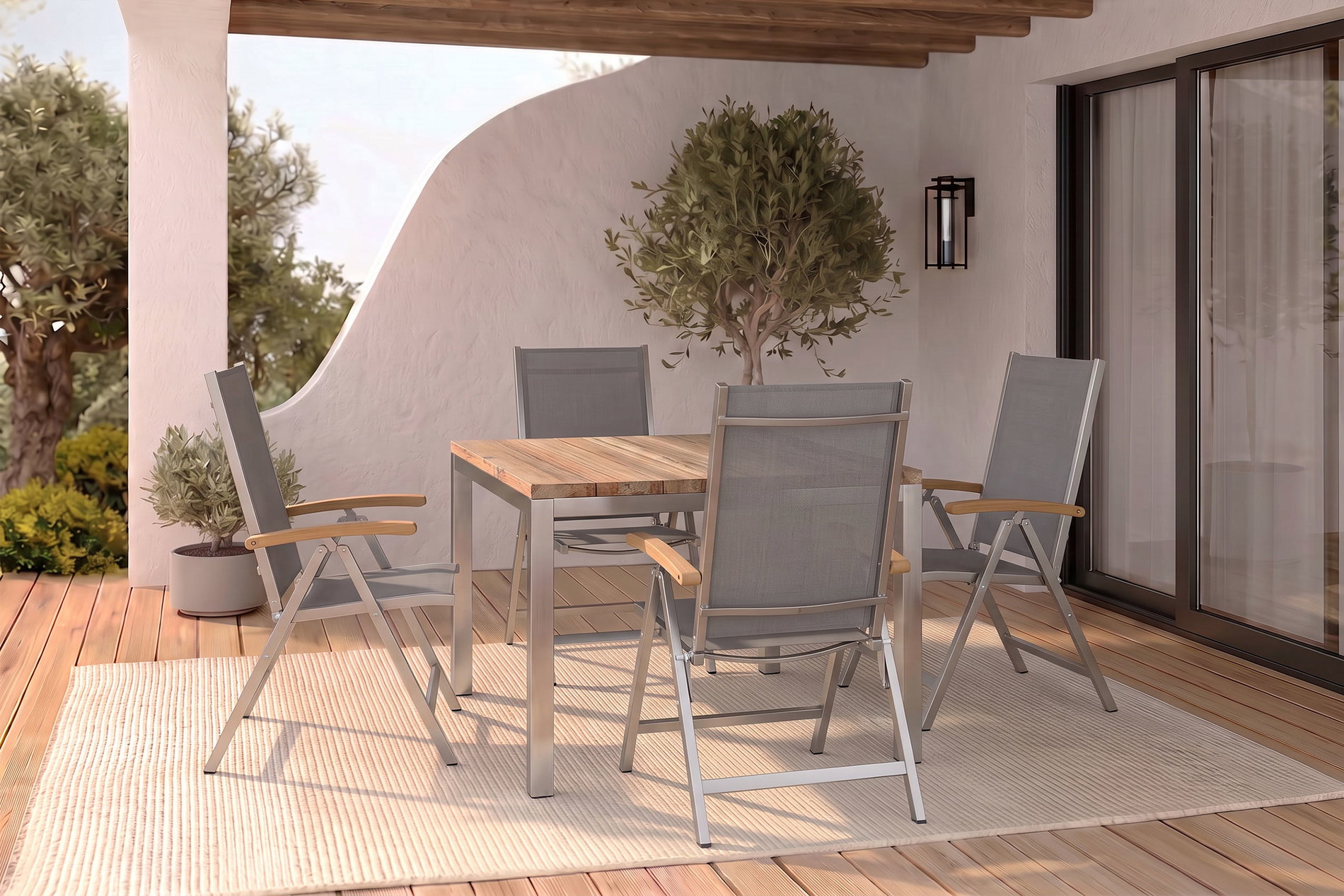 OUTFLEXX Garten-Essgruppe, Edelstahl/recyceltes Teak, Tisch 90 x 90 cm, 4 Klappst&uuml;hle, silber, FSC&reg;-zertifiziertes Produkt