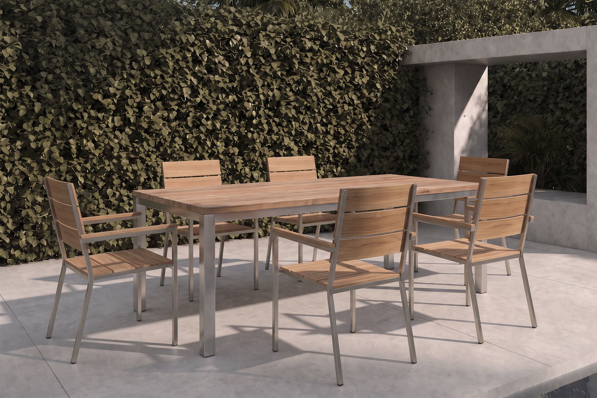 OUTFLEXX Garten-Essgruppe, Edelstahl/recyceltes Teak, Tisch 180 x 90 cm, 6 Stapelsessel, FSC®-zertifiziertes Produkt OUTFLEXX Garten-Essgruppe, Edelstahl/recyceltes Teak, Tisch 180 x 90 cm, 6 Stapelsessel, FSC®-zertifiziertes Produkt