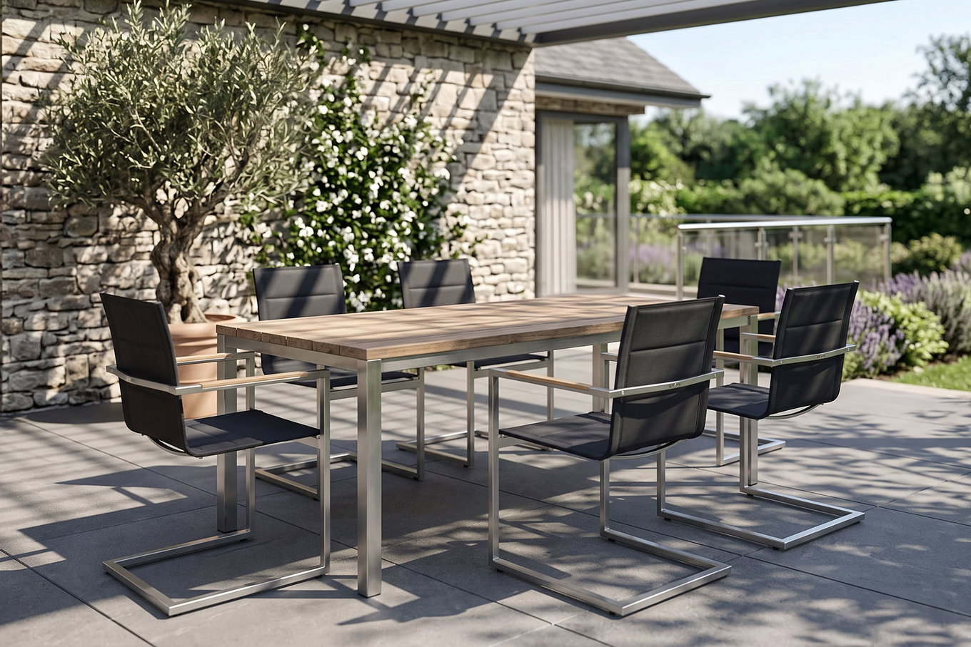 OUTFLEXX Garten-Essgruppe, Edelstahl/recyceltes Teak, Tisch 180 x 90 cm, 6 Freischwinger padded, schwarz, FSC®-zertifiziertes Produkt
