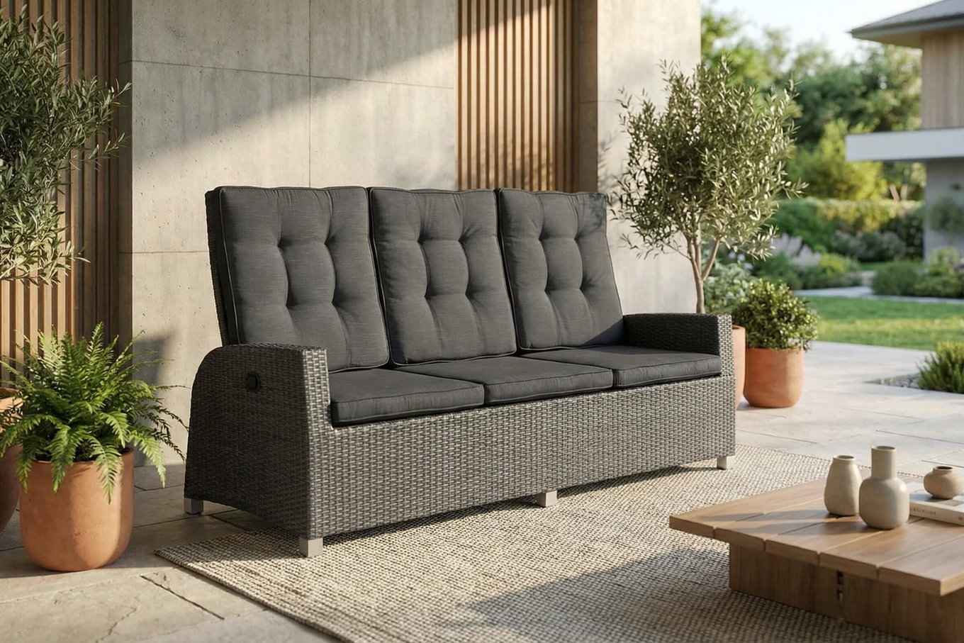 OUTFLEXX Rocking Comfort Dining / Lounge 3-Sitzer Sofa, grau/braun-meliert, Polyrattan, 210x85x112 cm, verstellbar