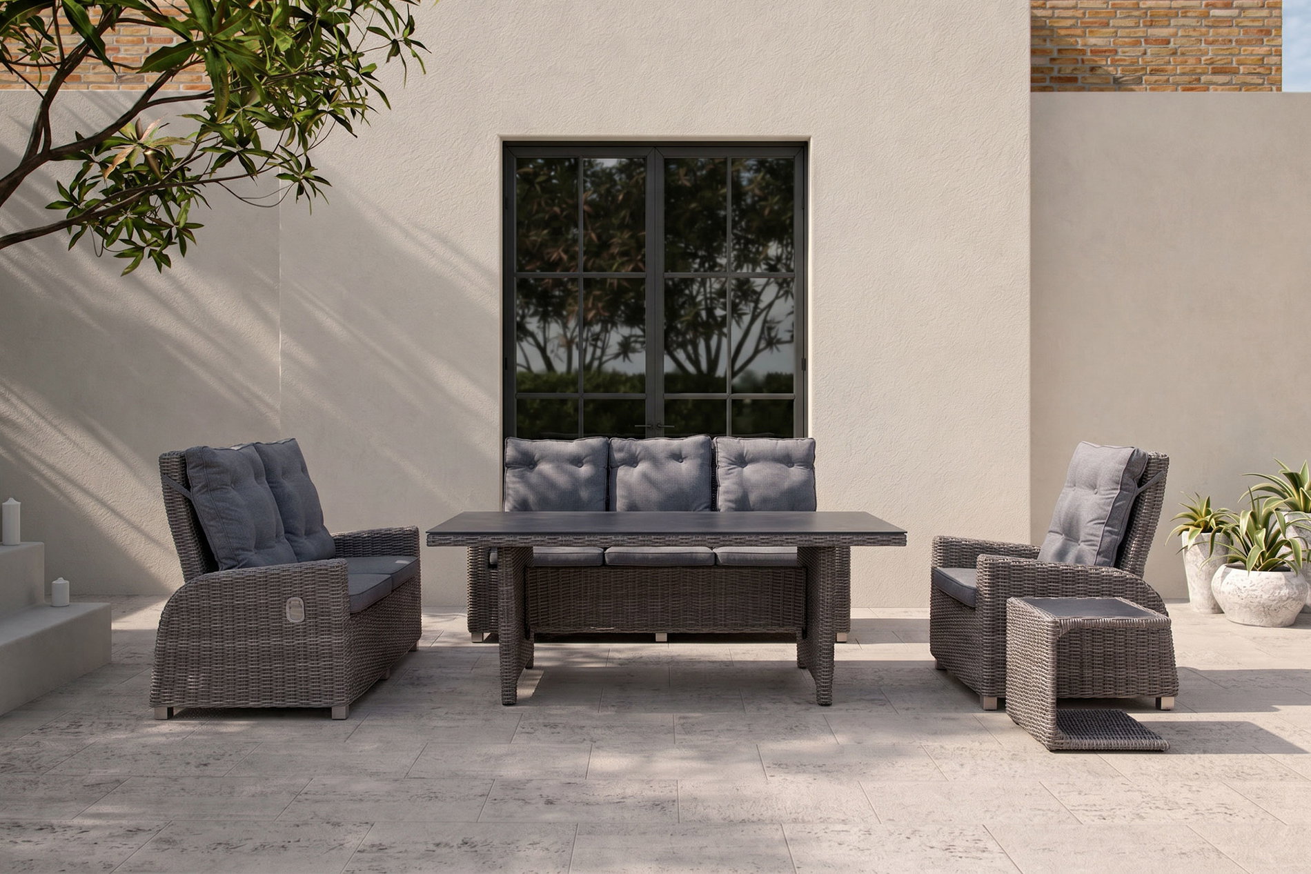 OUTFLEXX Garten-Essgruppe, grau, Polyrattan, Tisch 200 x 95 cm, 6 Personen, verstellbare Rückenlehnen