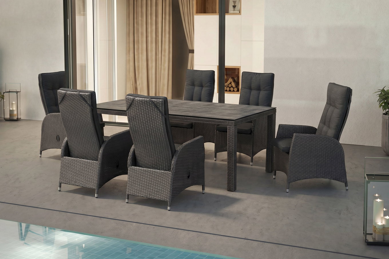 OUTFLEXX Rocking Garten-Essgruppe, grau/braun-meliert, Polyrattan, Tisch 180 x 110 cm, 6 Sessel