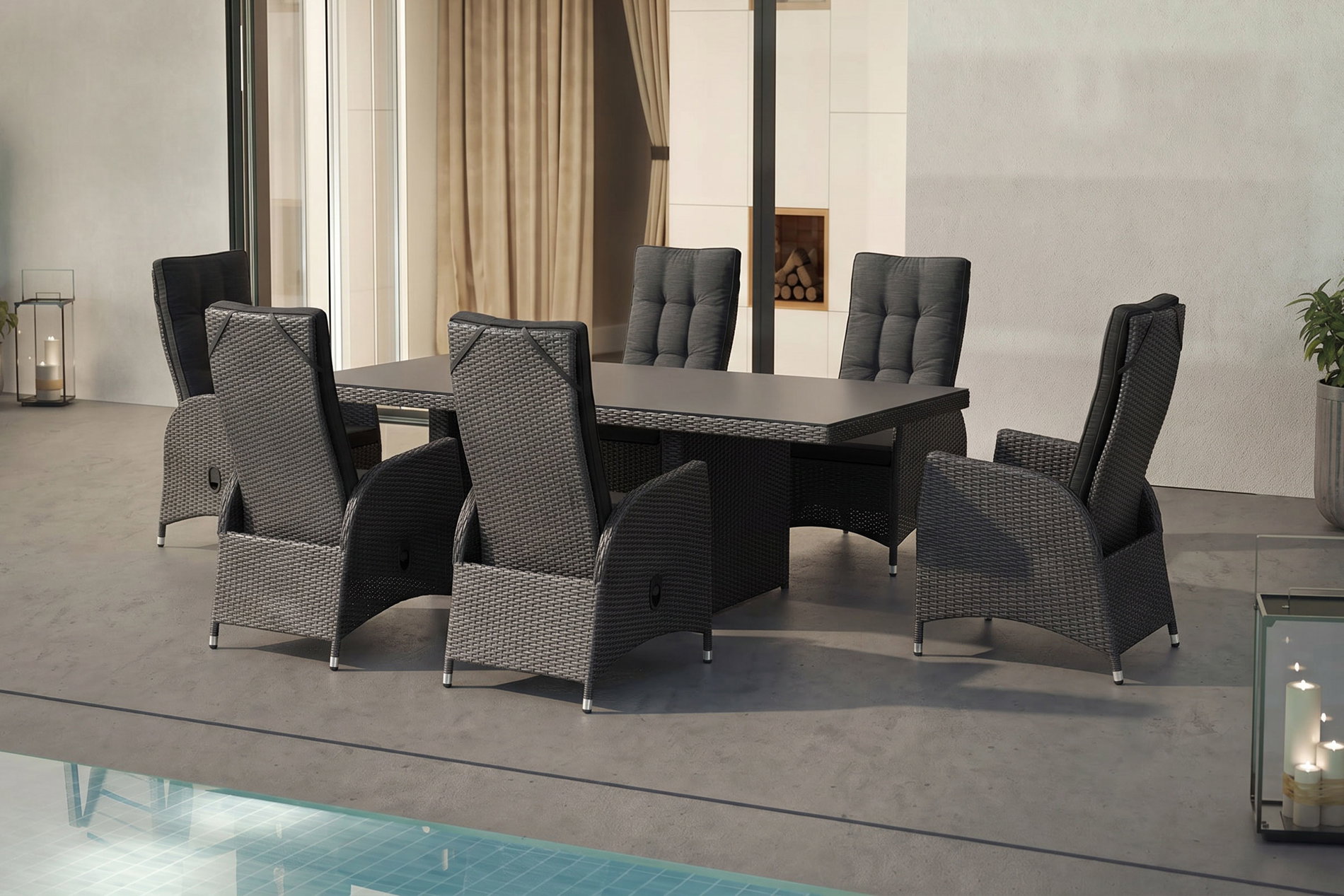 OUTFLEXX Rocking Garten-Essgruppe, grau/schwarz, Polyrattan, Tisch 220 x 100 cm, 6 Sessel OUTFLEXX Rocking Garten-Essgruppe, grau/schwarz, Polyrattan, Tisch 220 x 100 cm, 6 Sessel