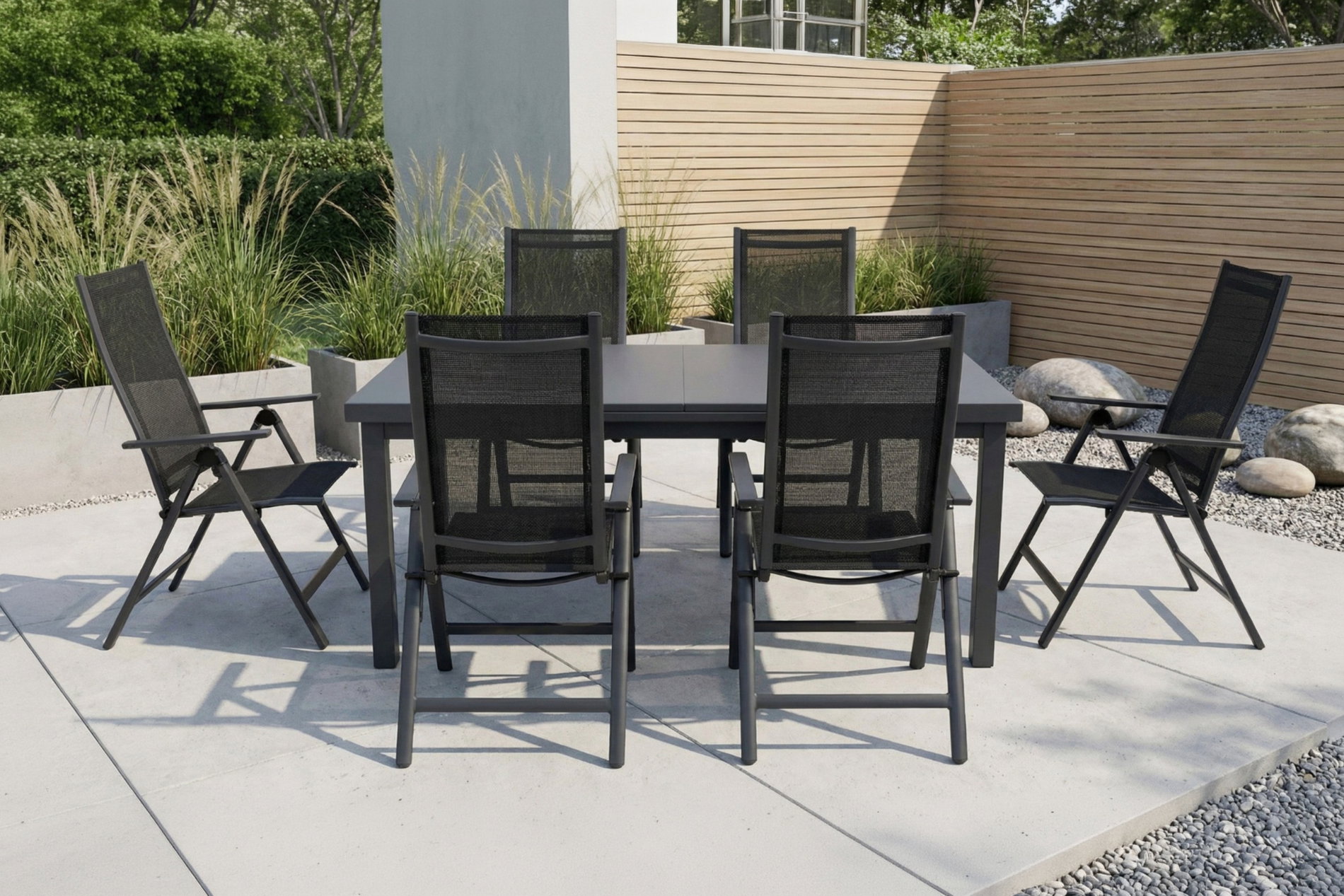 OUTFLEXX Garten-Essgruppe, 6 Personen, ausziehbarer Tisch 180–240 cm, Aluminium/Textilene OUTFLEXX Garten-Essgruppe, 6 Personen, ausziehbarer Tisch 180–240 cm, Aluminium/Textilene