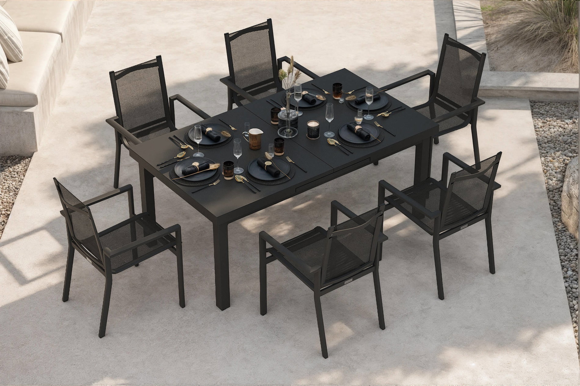 OUTFLEXX Premium Garten-Essgruppe, OUTFLEXX® anthrazit matt, Alu/Textilene, Tisch 180/240x100cm, 6 Stapelsessel