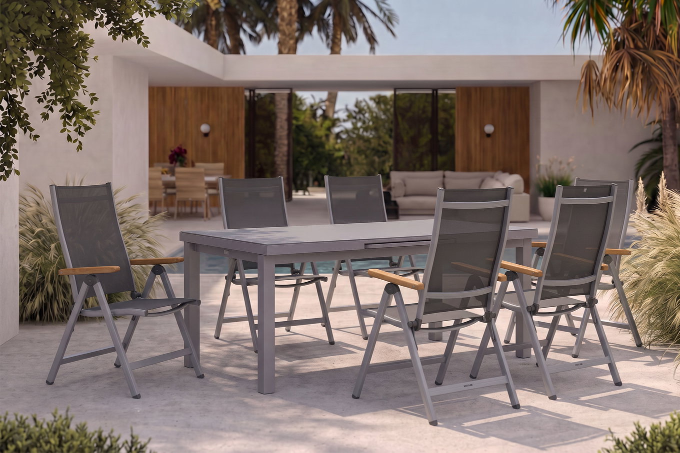 KETTLER Granada Garten-Essgruppe, silber, Alu/Textilene, Tisch 180/240x100cm, 6 Klappstühle