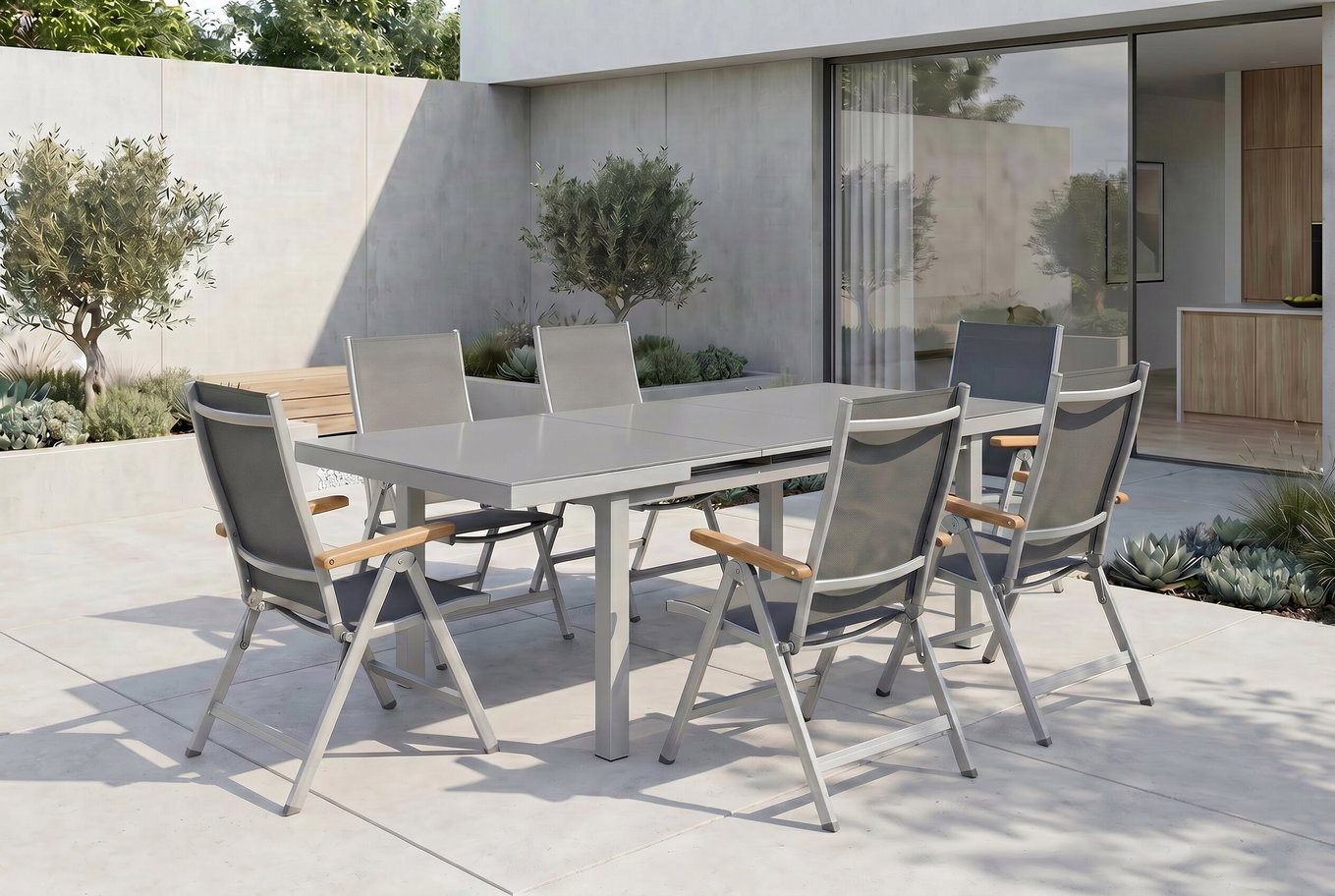 KETTLER Granada Garten-Essgruppe, silber, Alu/Textilene, Tisch 180/240x100cm, 8 Klappstühle