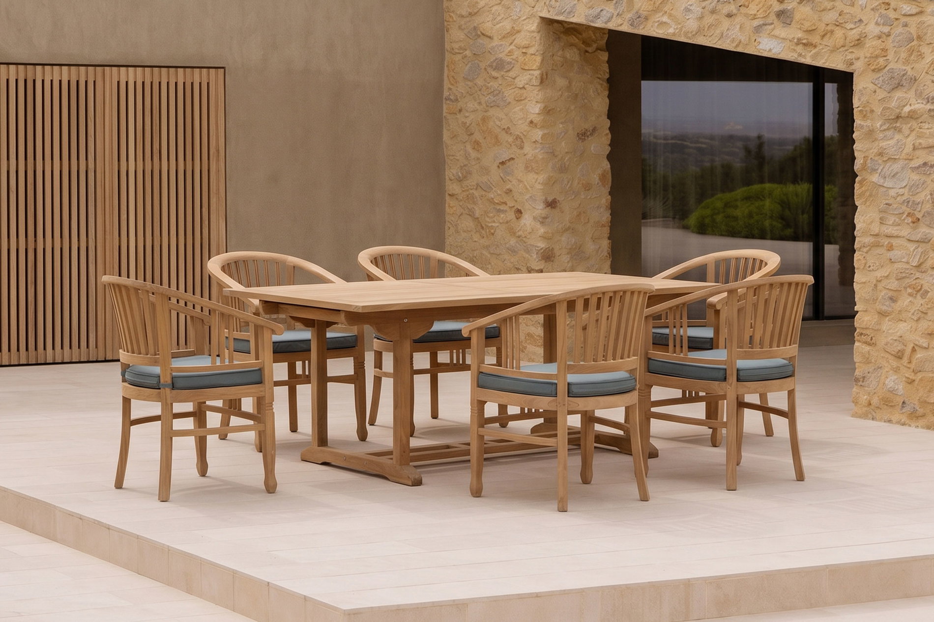OUTFLEXX Garten-Essgruppe, 6 Personen, ausziehbarer Tisch 160–210 cm, Teakholz, inkl. Polster OUTFLEXX Garten-Essgruppe, 6 Personen, ausziehbarer Tisch 160–210 cm, Teakholz, inkl. Polster