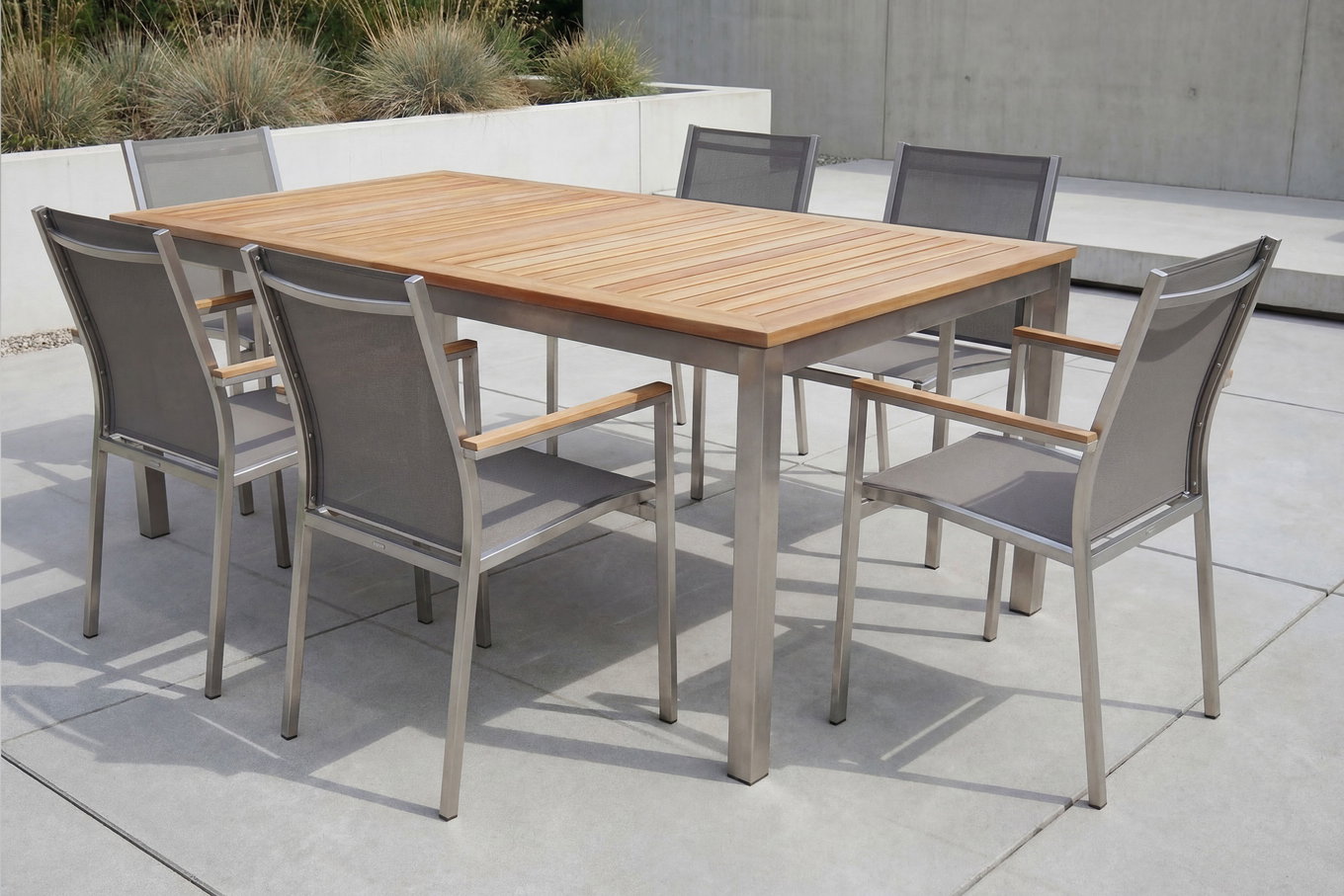 STERN Cardiff Garten-Essgruppe, silber/taupe, Edelstahl/Teak, Tisch 180/240 x 100 cm, 6 Stapelsessel, FSC®-zertifiziertes Produkt