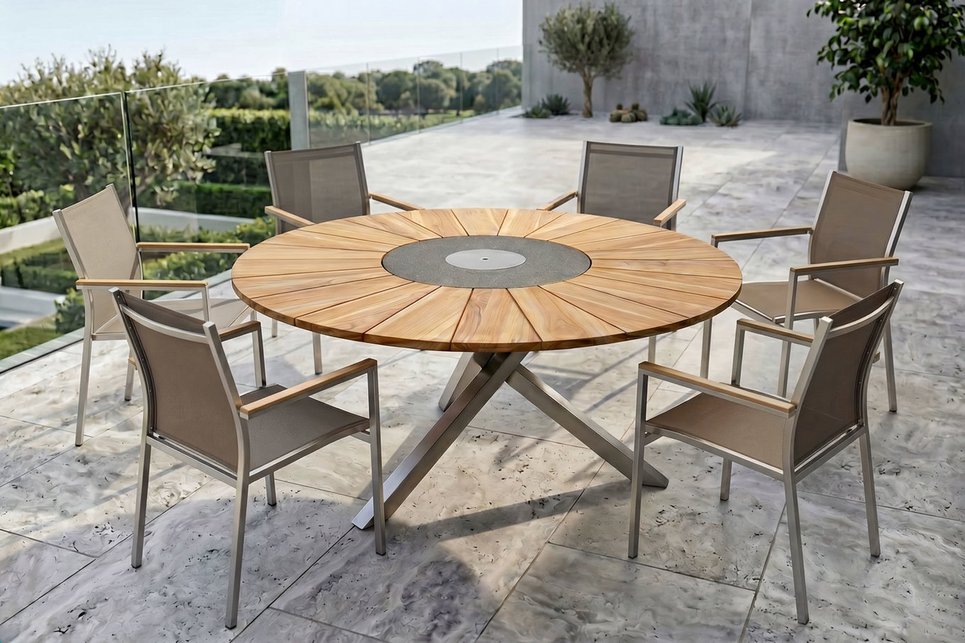 STERN Cardiff Garten-Essgruppe, silber/taupe, Edelstahl/Teak, Tisch Ø 170 cm, 6 Stapelsessel, FSC®-zertifiziertes Produkt