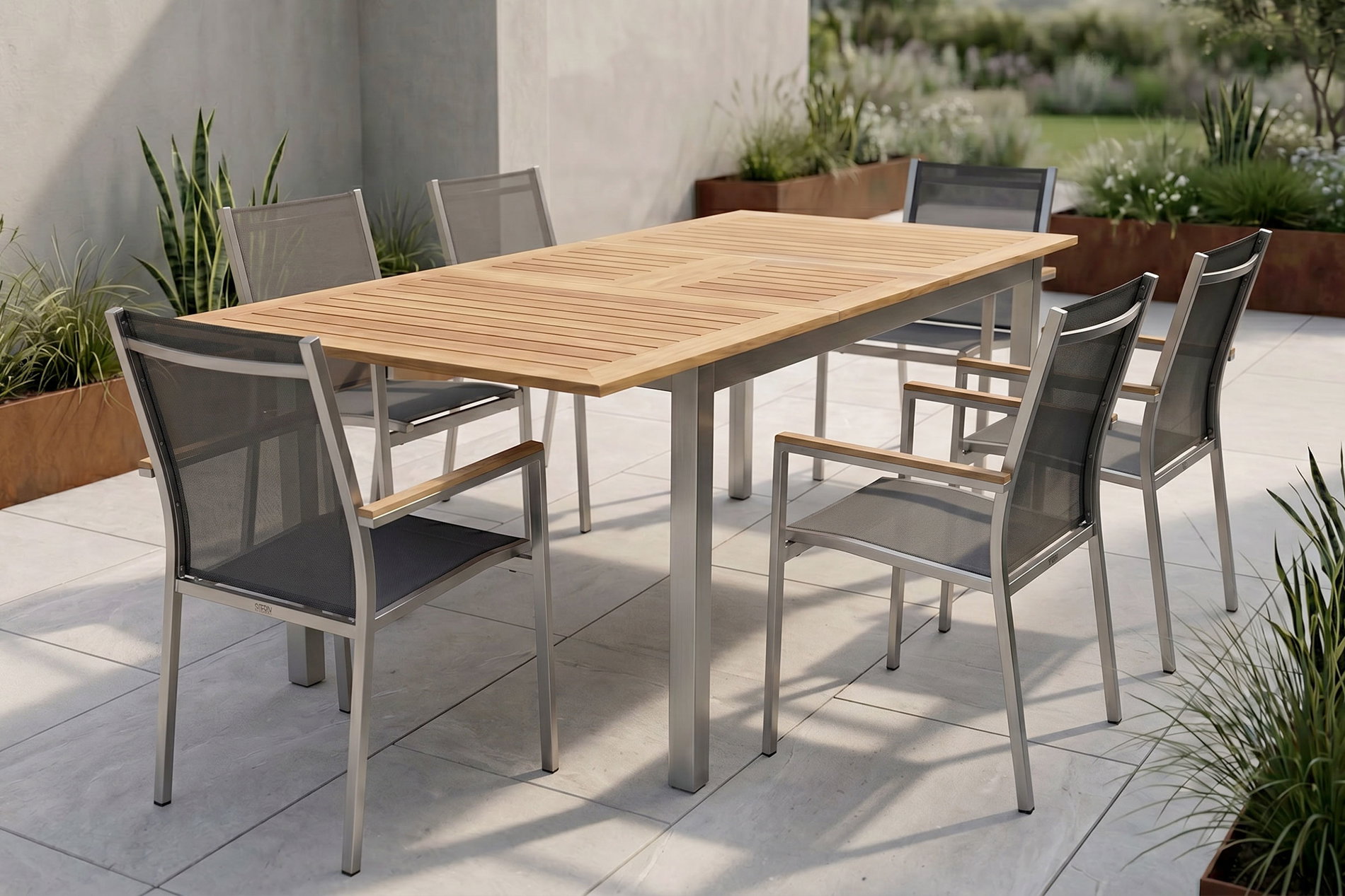 STERN Cardiff Garten-Essgruppe, silber/silbergrau, Edelstahl/Teak, Tisch 150/200 x 90 cm, 6 Stapelsessel