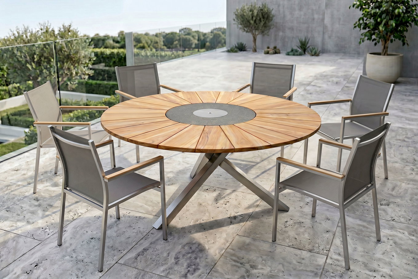 STERN Cardiff Garten-Essgruppe, silber/silbergrau, Edelstahl/Teak, Tisch Ø 170 cm, 6 Stapelsessel, FSC®-zertifiziertes Produkt