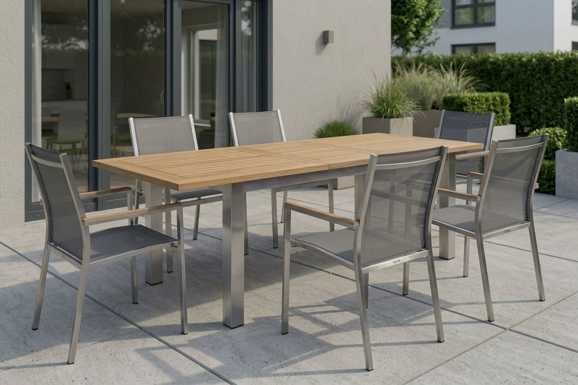STERN Cardiff Garten-Essgruppe, silber/silbergrau, Edelstahl/recyceltes Teak, Tisch 200/260 x 100 cm, 6 Stapelsessel, FSC®-zertifiziertes Produkt