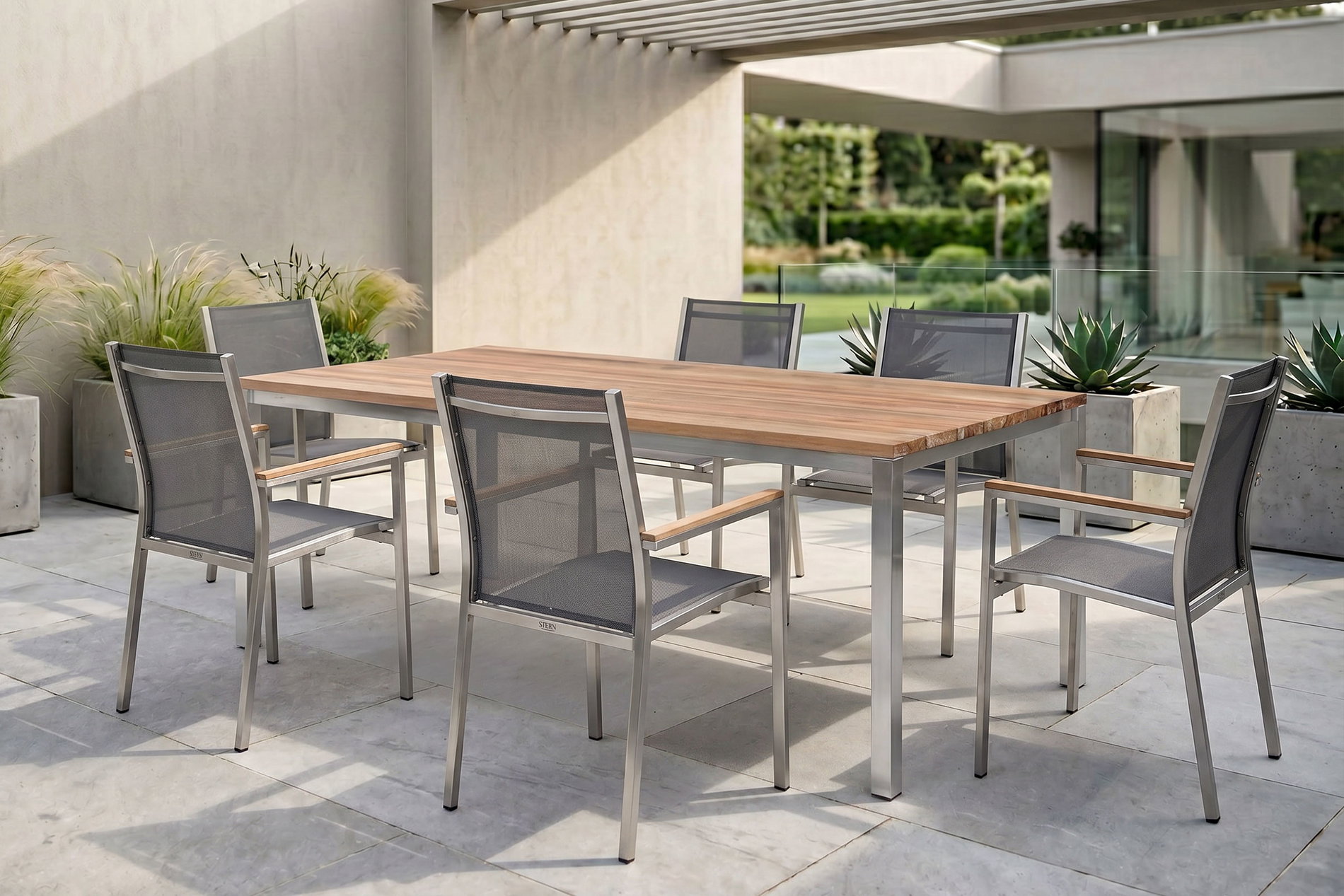 STERN Cardiff Garten-Essgruppe, silber/silbergrau, Edelstahl/Teak, Tisch 200 x 100 cm, 6 Stapelsessel