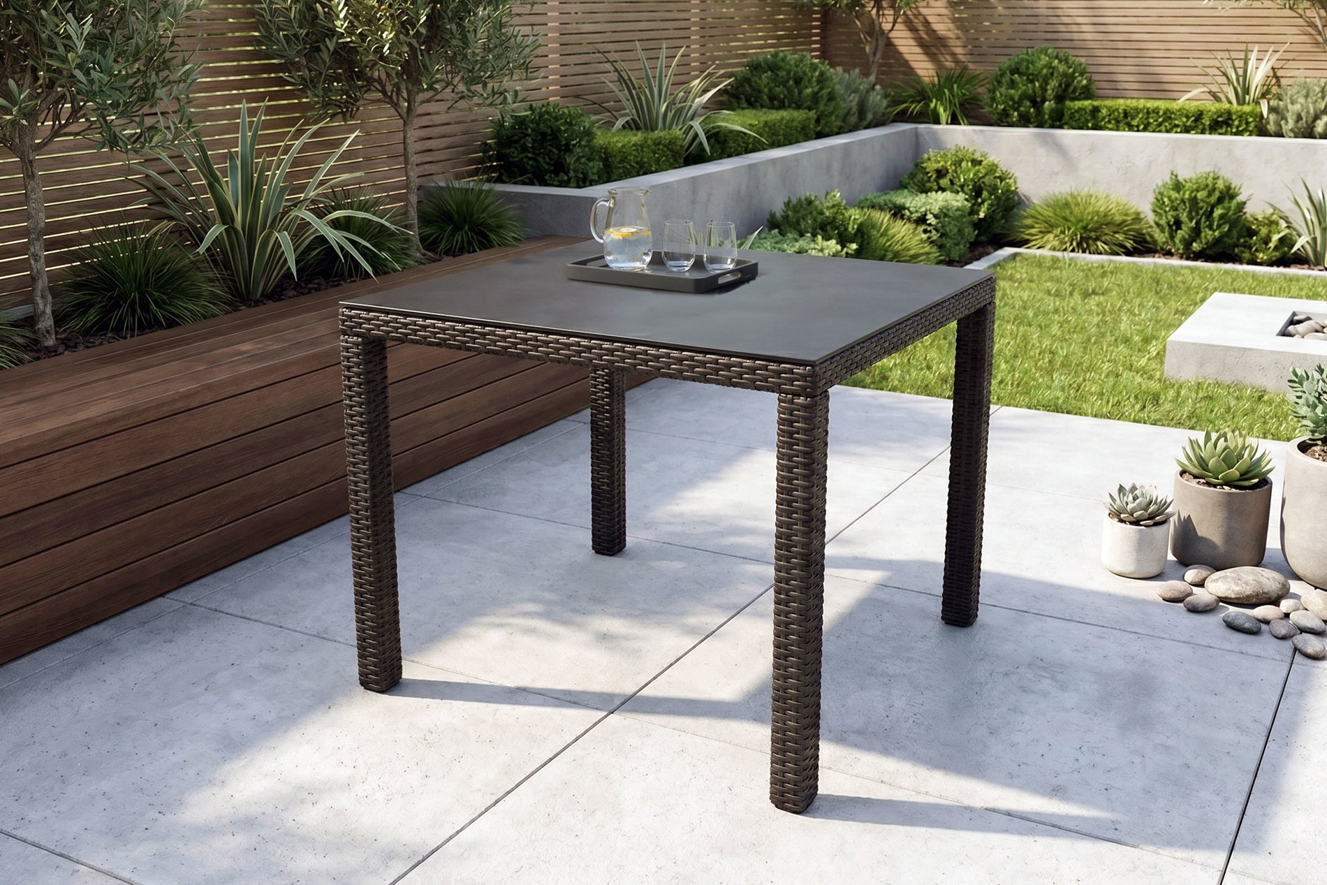 OUTFLEXX Rocking Dining Tisch, grau/braun-meliert, Polyrattan, 90 x 90 cm, Glasplatte in Steinoptik