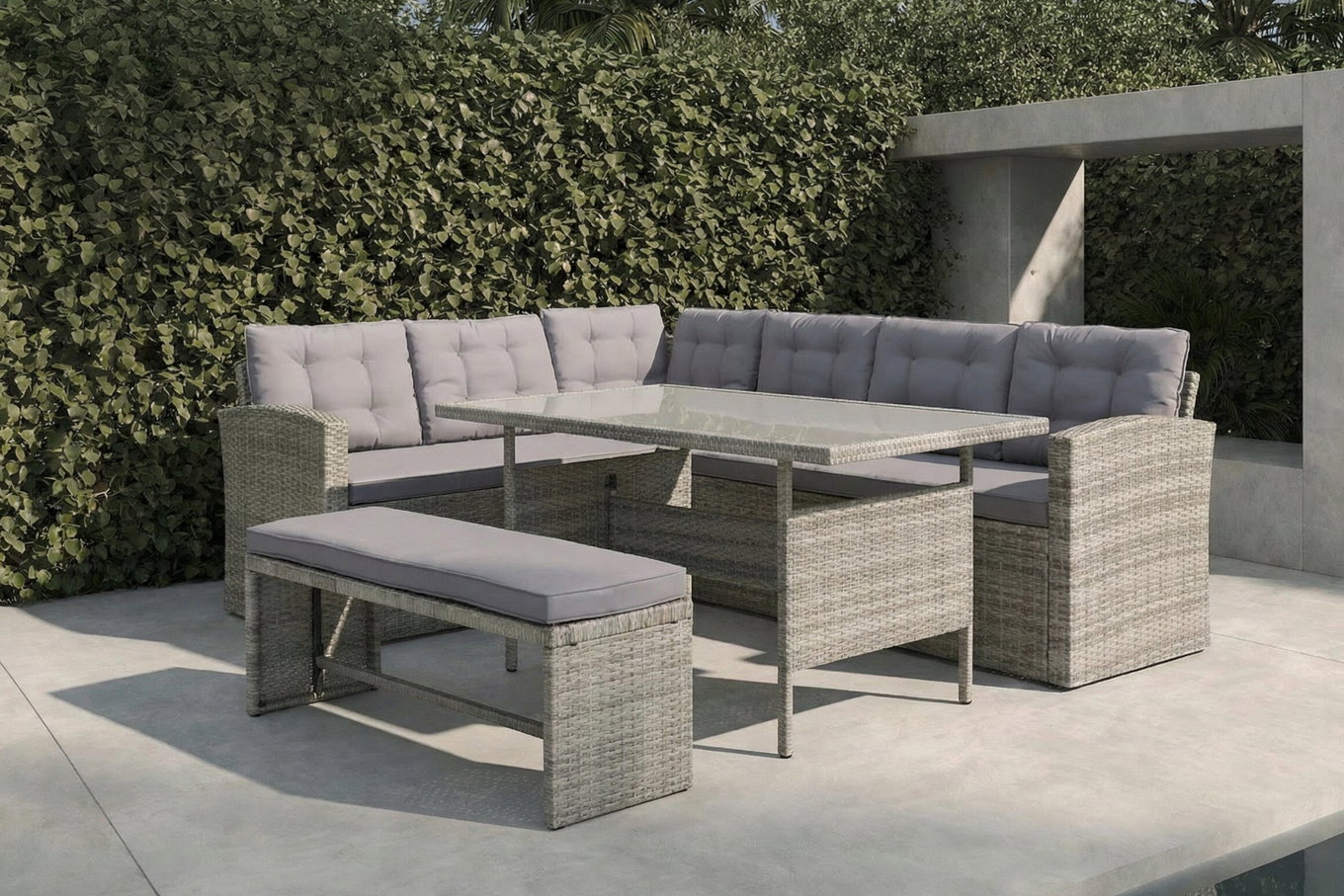 B-Ware: OUTFLEXX Gartenlounge, hellgrau meliert/grau, Polyrattan/Polyester, Tisch 145x79cm, 4 tlg., 7 Pers, inkl. Polster