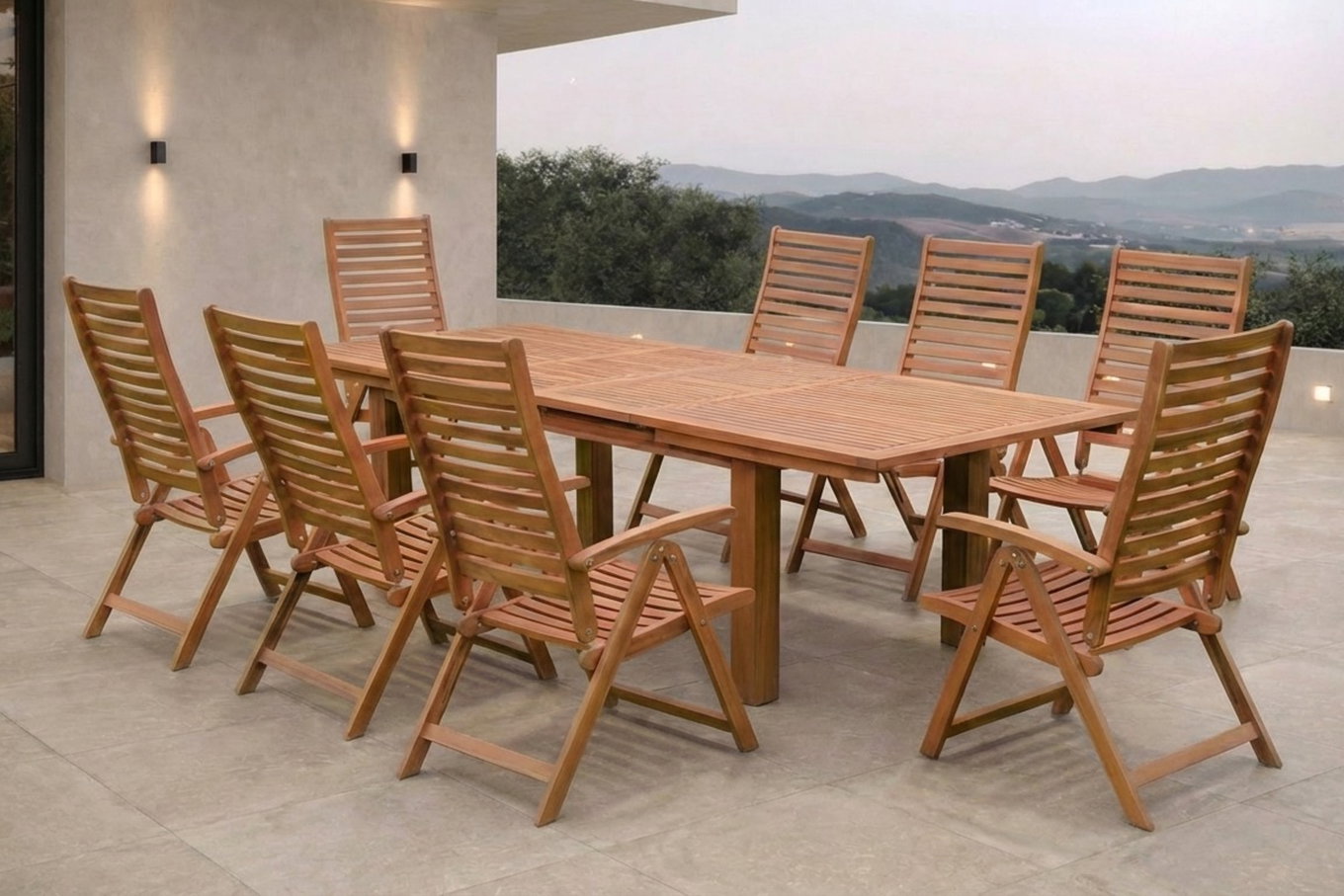 OUTFLEXX Garten-Essgruppe, natur, Akazie, Ausziehtisch 180/220/260 x 100 cm, 8 Klappstühle, FSC®-zertifiziertes Produkt