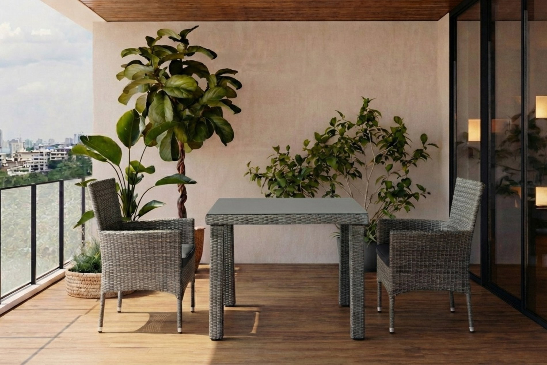 OUTFLEXX Rocking Balkon-Set, grau/braun-meliert, Polyrattan, Tisch 90x90 cm, 2 Stapelsessel, Glasplatte in Steinoptik
