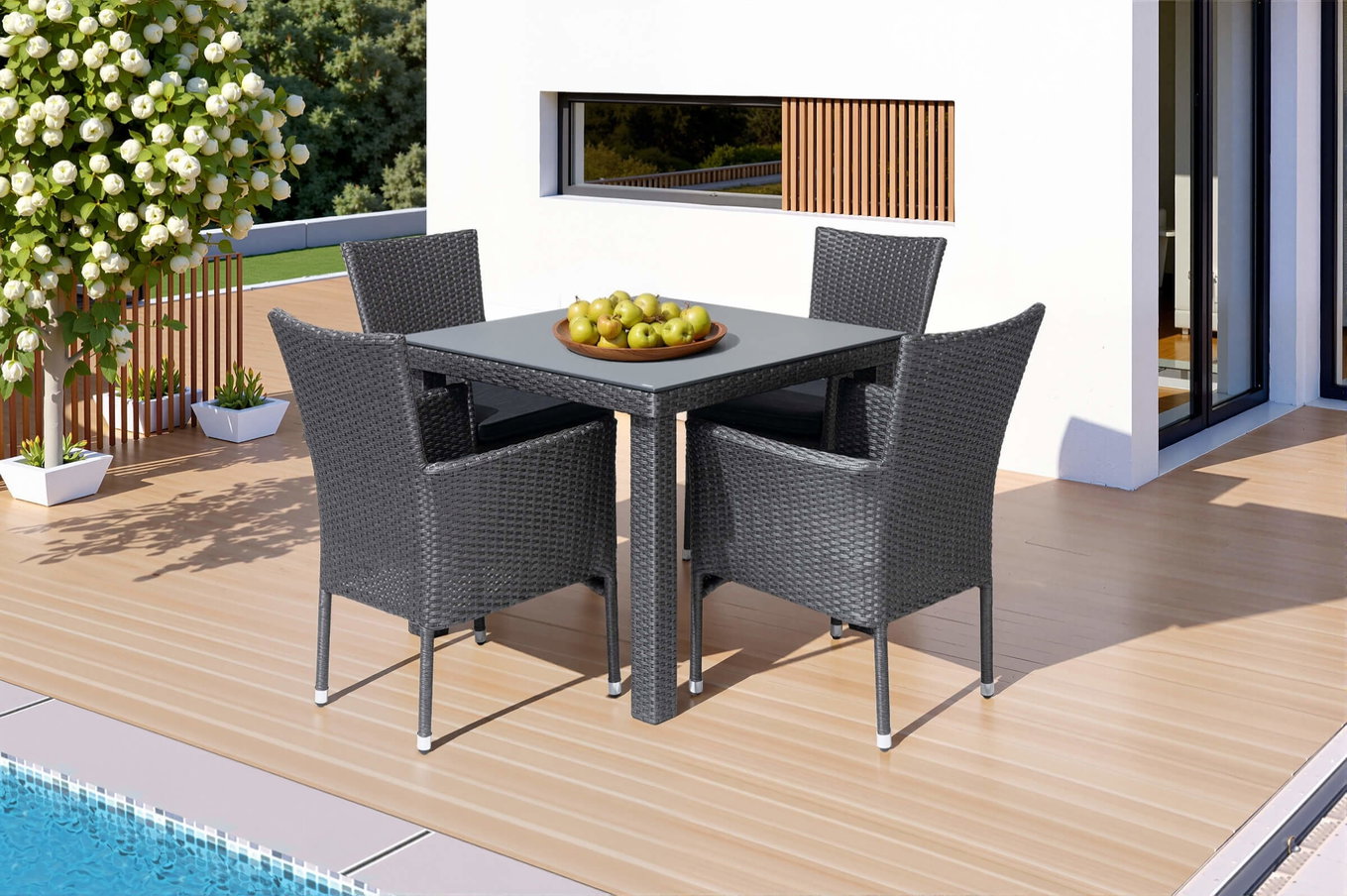 OUTFLEXX Rocking Garten-Essgruppe, grau/braun-meliert, Polyrattan, Tisch 90 x 90 cm, 4 Stapelsessel, Glasplatte in Steinoptik