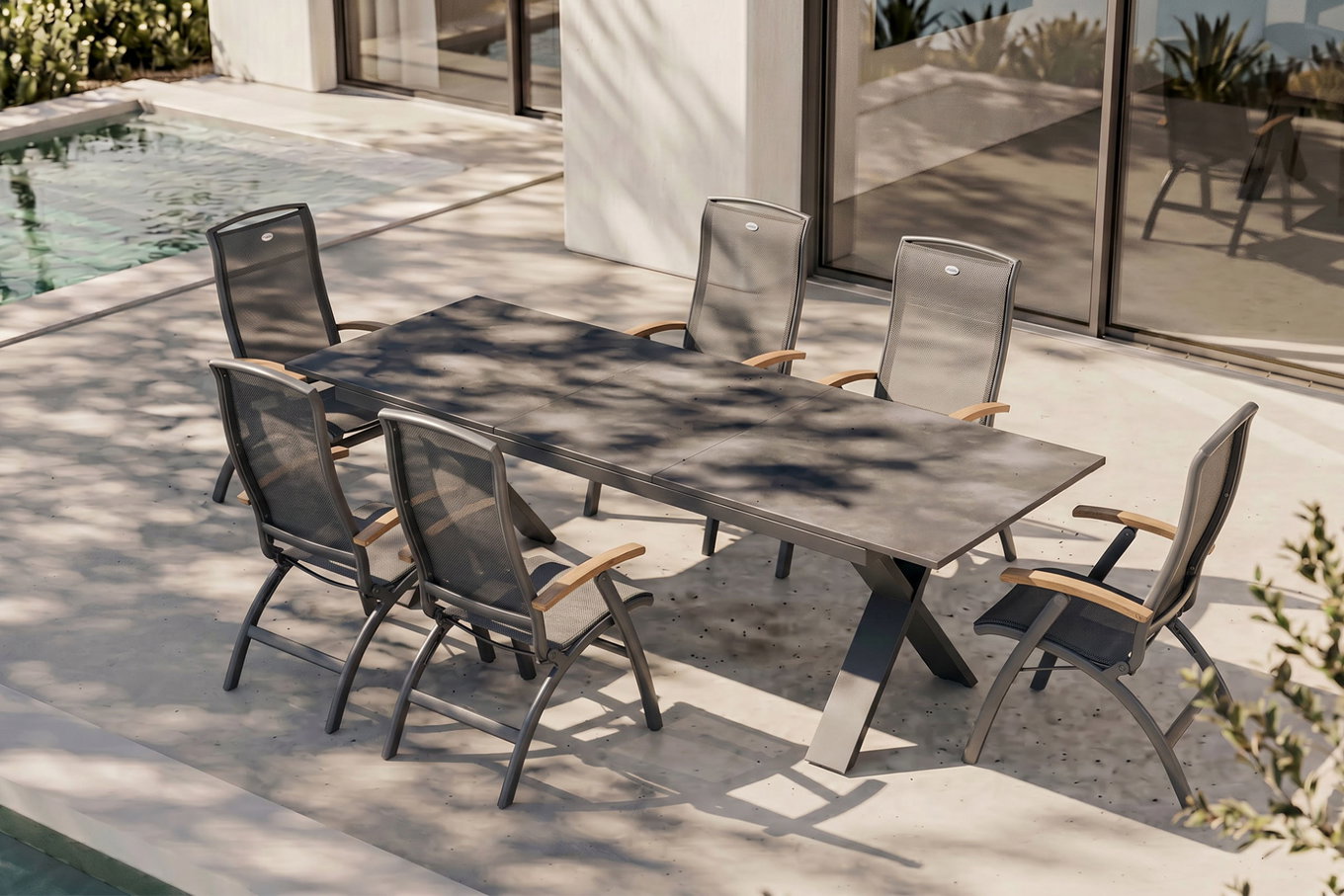 Hartman Exklusivmodell Xanadu, Da Vinci Garten-Essgruppe, 6 Personen, ausziehbarer Tisch 220–280 cm, Alu/Glaskeramik