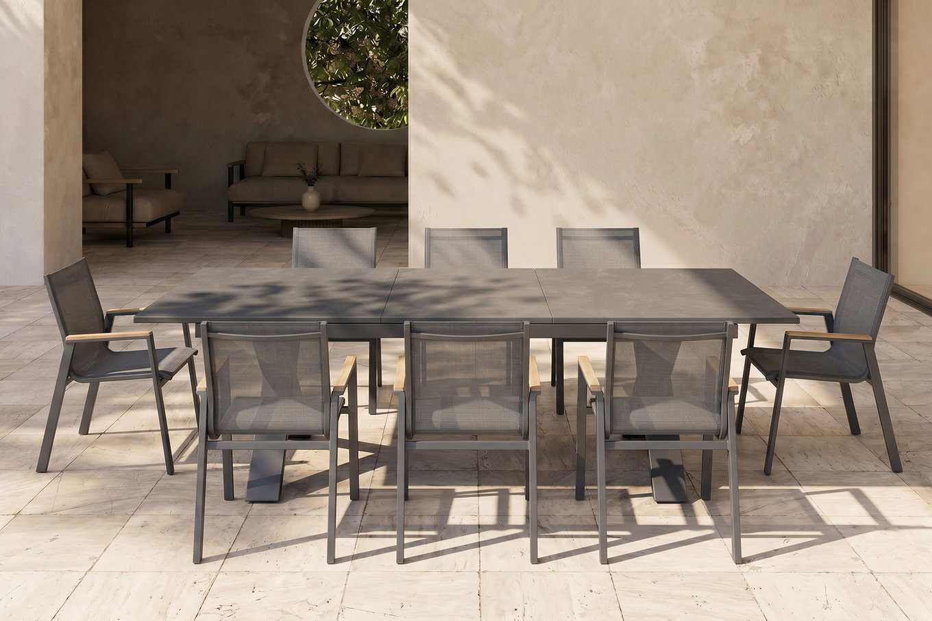 HARTMAN Sondermodell Xanadu / Alice Garten-Essgruppe, xerix/schwarz, Alu/Glaskeramik, 4x4 Textilen, 8 Stapelsessel, 220/280x100cm