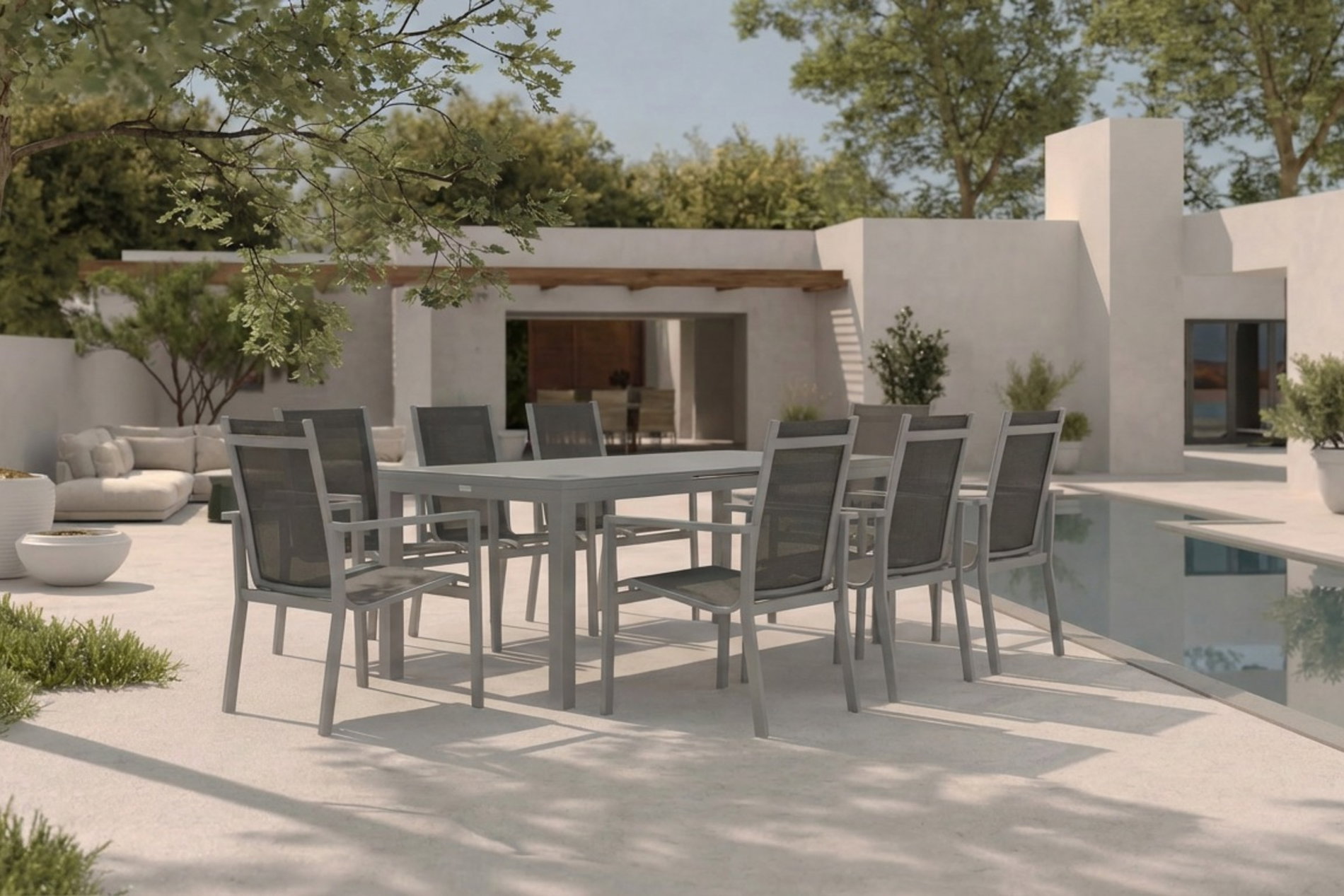 OUTFLEXX Premium Garten-Essgruppe, silber/grau, Alu/Textilene, Ausziehtisch 180/240 x 100 cm, 8 Stapelsessel OUTFLEXX Premium Garten-Essgruppe, silber/grau, Alu/Textilene, Ausziehtisch 180/240 x 100 cm, 8 Stapelsessel