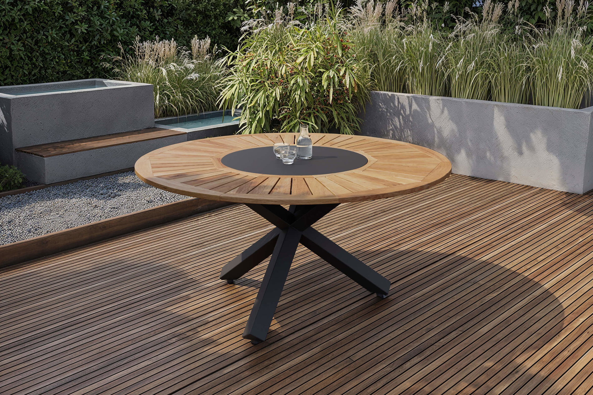 OUTFLEXX Esstisch, anthrazit matt, Alu/Teak, Ø150x75 cm, mit Glasinlay