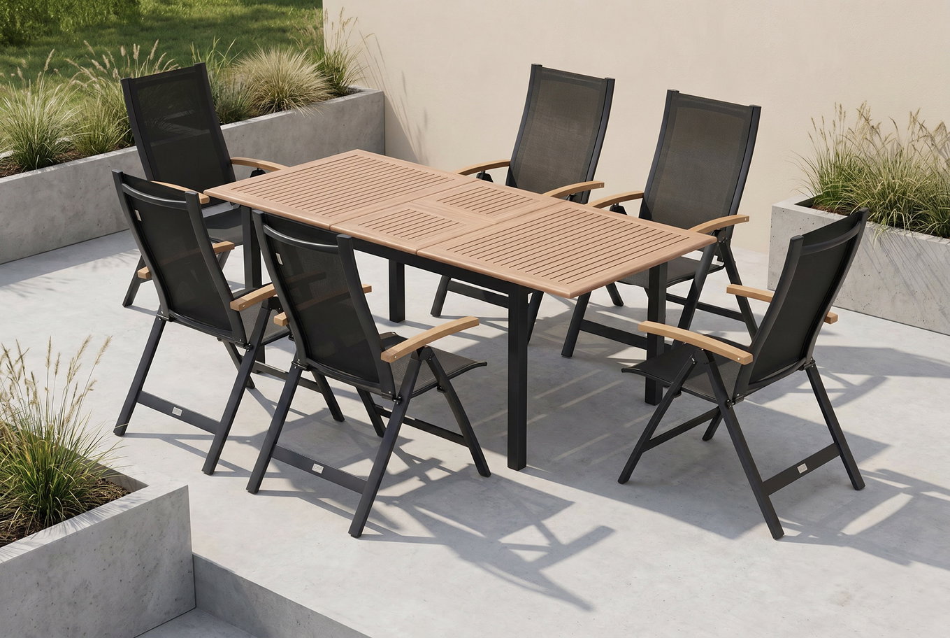 OUTFLEXX Garten-Essgruppe, OUTFLEXX® anthrazit matt, Alu / Teak / Textil, Tisch 150/210x90cm, 6 Klappstühle