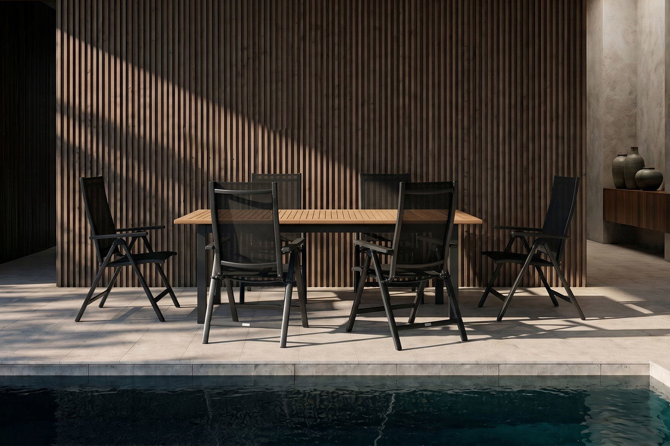 OUTFLEXX Garten-Essgruppe, OUTFLEXX® anthrazit matt, Alu / Teak / Textil, Ausziehtisch 180/240 x 100cm, 6 Klappstühle