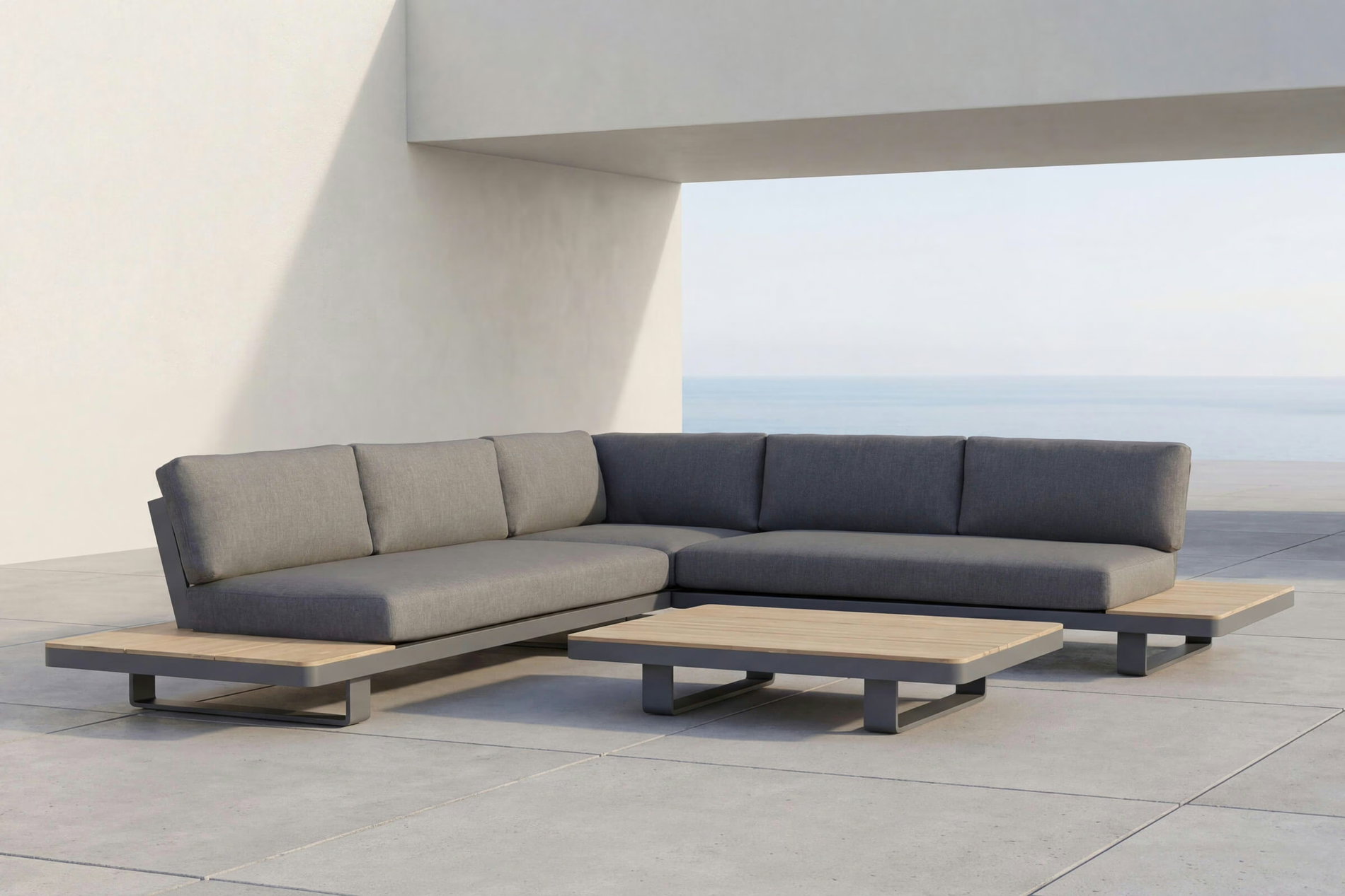 OUTFLEXX Las Vegas Ecklounge, anthrazit/grau, Alu/Teak, 5 Personen, Tisch 130x95 cm, FSC&reg;-zertifiziertes Produkt