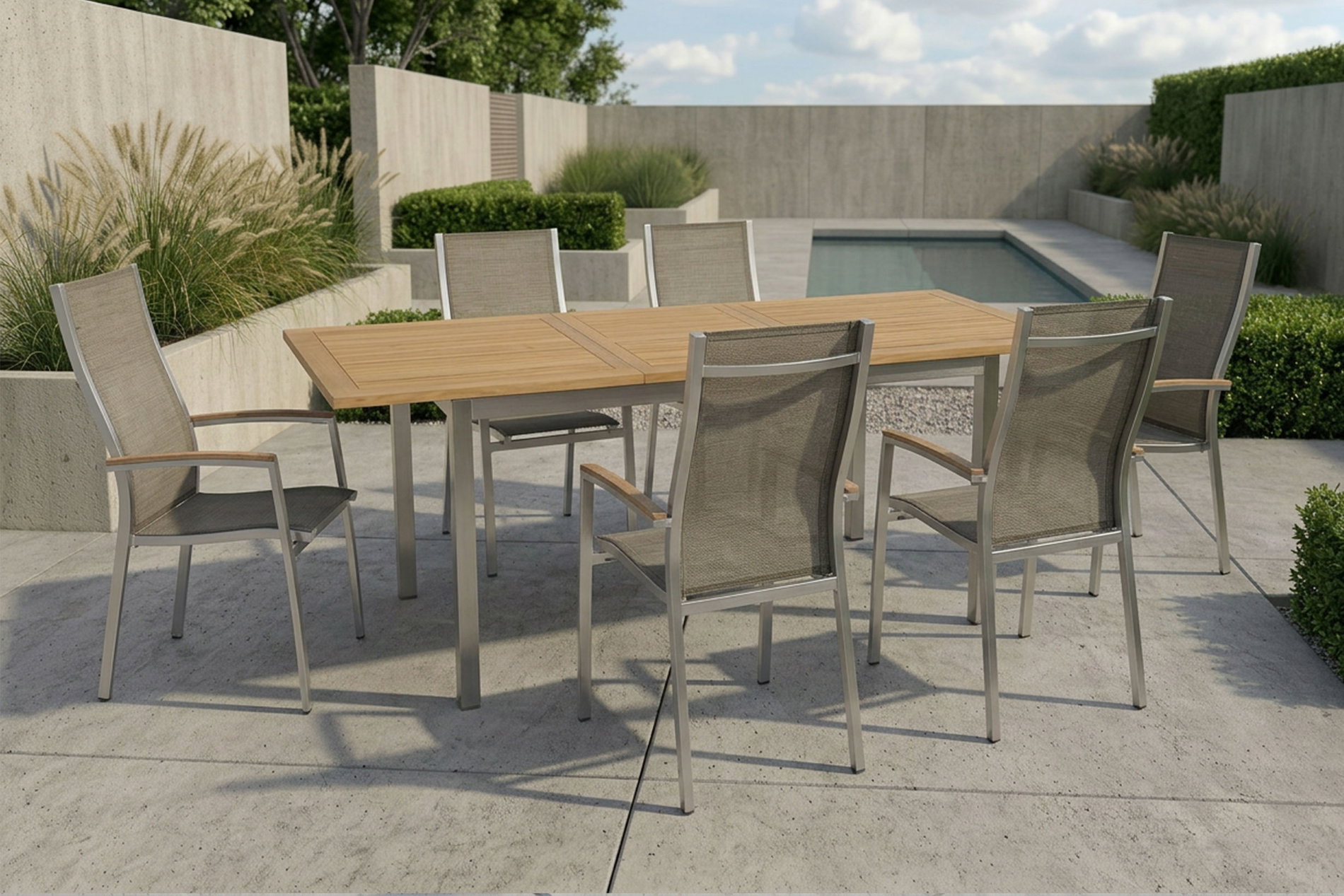 STERN Cardiff Garten-Essgruppe, silber/taupe, Edelstahl/Textilen/Teakholz, 162/220 x 90 cm, 6 Stapelsessel, Butterfly-Auszug