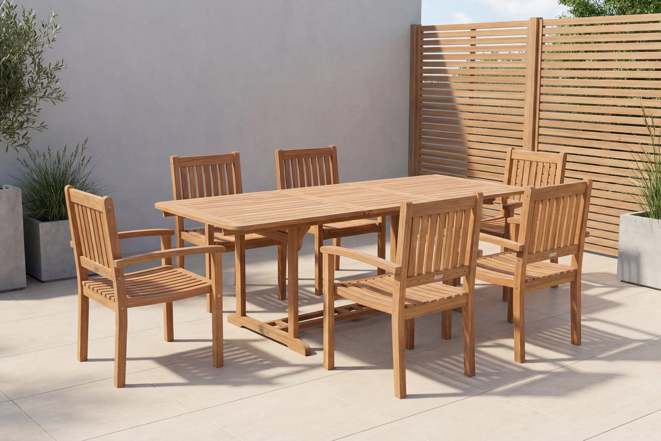 OUTFLEXX Garten-Essgruppe, natur, Akazie, Ausziehtisch 150/200 x 90 cm, 6 Armlehnensessel, FSC®-zertifiziertes Produkt