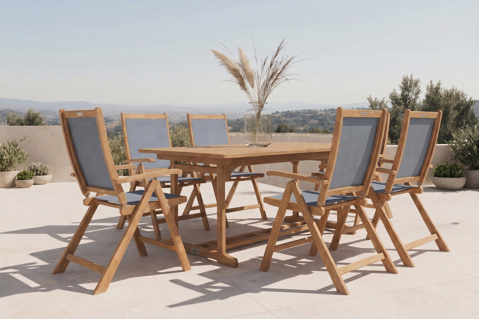 OUTFLEXX Garten-Essgruppe, natur/grau, Akazie/Textilene, Ausziehtisch 180/240 x 100 cm, 6 Klappstühle 5-fach, FSC®-zertifiziertes Produkt