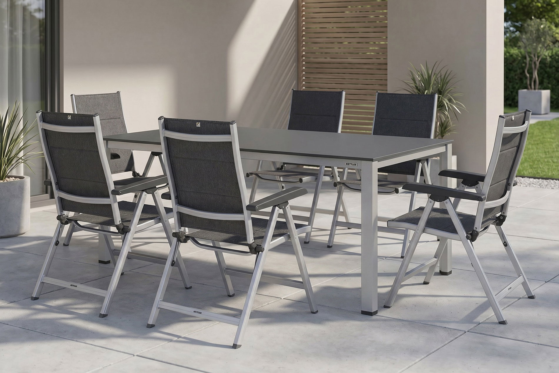 KETTLER KETTALUX-PLUS/Basic Plus Padded Sitzgruppe, silber/anthrazit, Alu/Textilene, Tisch 160x95 cm, 6 Klappstühle