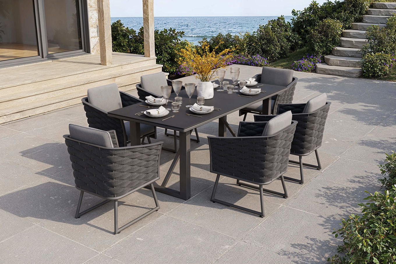 OUTFLEXX Oranger Blossom Garten-Essgruppe, 6 Personen, Tisch 200x90cm, inkl. Polster, anthrazit/Rope