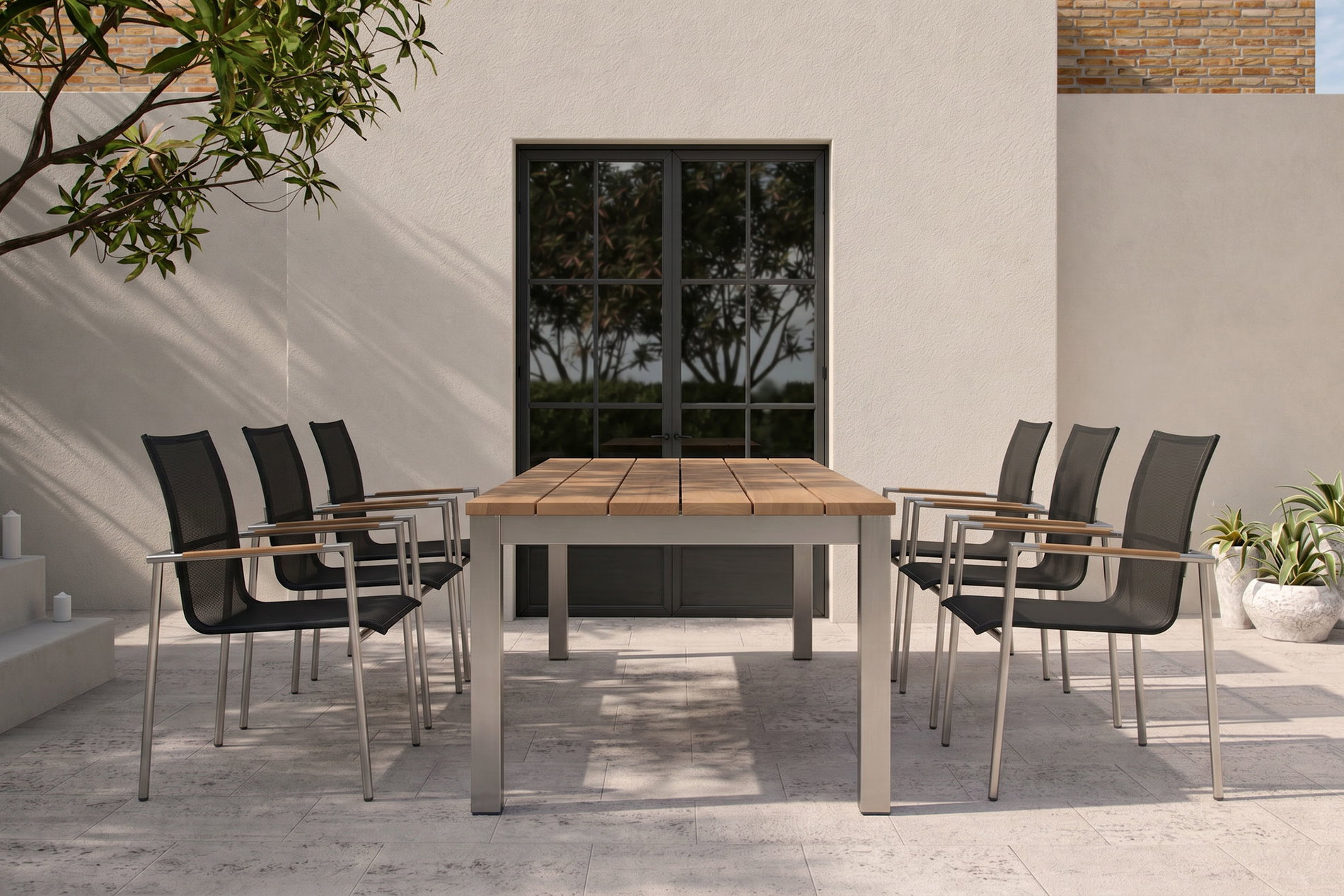 OUTFLEXX Garten-Essgruppe, natur/anthrazit, Edelstahl/Textilene/Teakholz, Ausziehtisch 220/340x100cm, 6 Diningsessel, FSC®-zertifiziertes Produkt OUTFLEXX Garten-Essgruppe, natur/anthrazit, Edelstahl/Textilene/Teakholz, Ausziehtisch 220/340x100cm, 6 Diningsessel, FSC®-zertifiziertes Produkt
