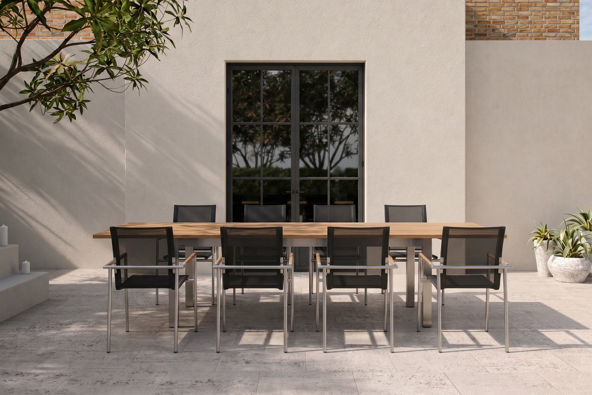 OUTFLEXX Garten-Essgruppe, natur/anthrazit, Edelstahl/Textilene/Teakholz, Ausziehtisch 220/340x100cm, 8 Diningsessel, FSC®-zertifiziertes Produkt OUTFLEXX Garten-Essgruppe, natur/anthrazit, Edelstahl/Textilene/Teakholz, Ausziehtisch 220/340x100cm, 8 Diningsessel, FSC®-zertifiziertes Produkt