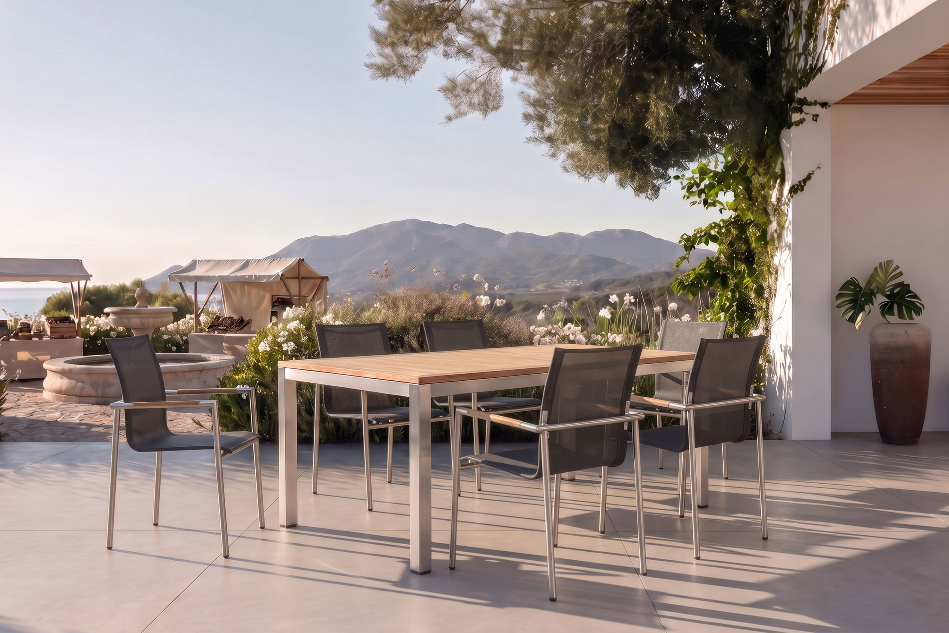 OUTFLEXX Garten-Essgruppe, natur/anthrazit, Edelstahl/Textilene/Teakholz, Ausziehtisch 180/240x100cm, 6 Diningsessel, FSC®-zertifiziertes Produkt OUTFLEXX Garten-Essgruppe, natur/anthrazit, Edelstahl/Textilene/Teakholz, Ausziehtisch 180/240x100cm, 6 Diningsessel, FSC®-zertifiziertes Produkt