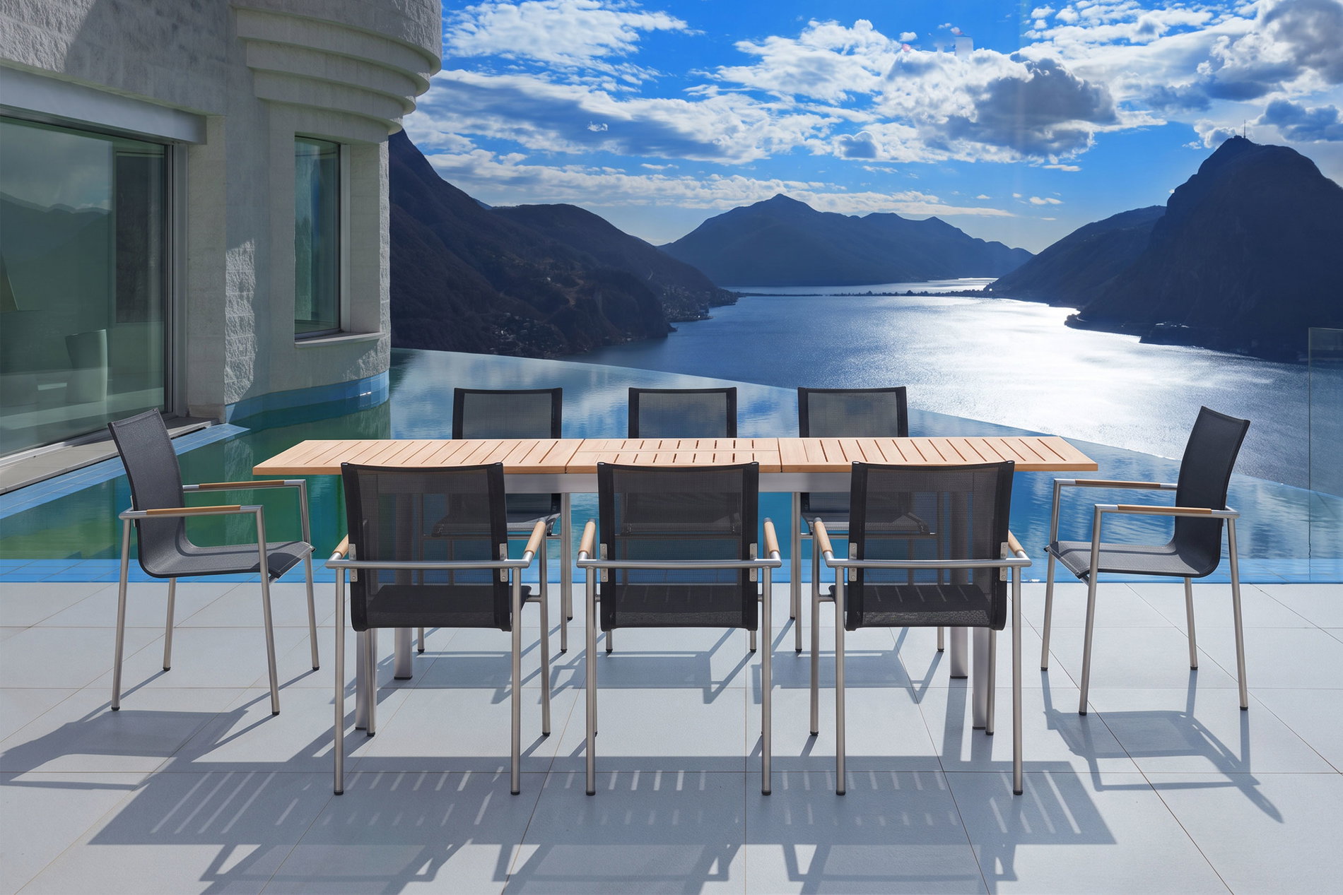 OUTFLEXX Garten-Essgruppe, natur/anthrazit, Edelstahl/Textilene/Teakholz, Ausziehtisch 180/240x100cm, 8 Diningsessel, FSC®-zertifiziertes Produkt OUTFLEXX Garten-Essgruppe, natur/anthrazit, Edelstahl/Textilene/Teakholz, Ausziehtisch 180/240x100cm, 8 Diningsessel, FSC®-zertifiziertes Produkt