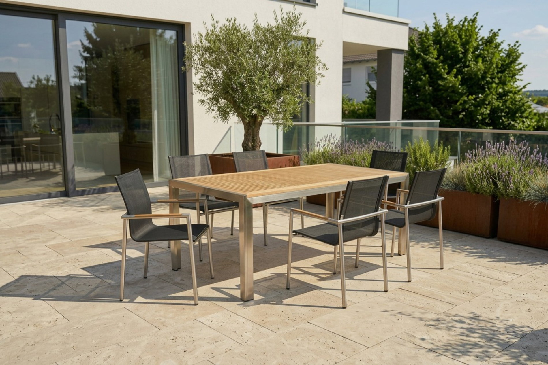 OUTFLEXX Garten-Essgruppe, natur/anthrazit, Edelstahl/Textilene/Teak, Tisch 180x90cm, 6 Diningsessel OUTFLEXX Garten-Essgruppe, natur/anthrazit, Edelstahl/Textilene/Teak, Tisch 180x90cm, 6 Diningsessel