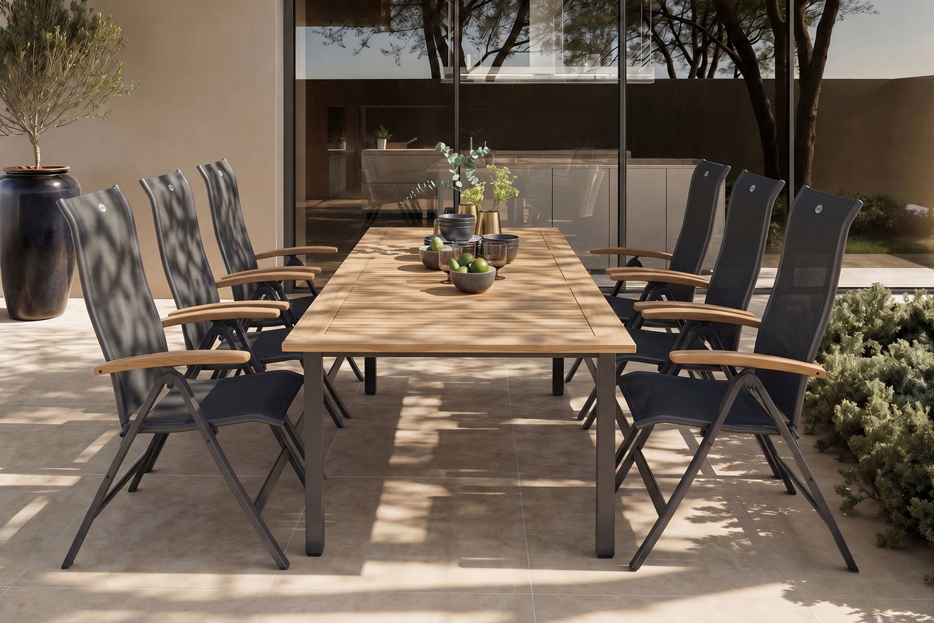 HARTMAN Alice/South Wales Garten-Essgruppe, xerix/natur, Alu/Teak/2x2 Textilen, 150/210x90 cm, 6 Klappstühle