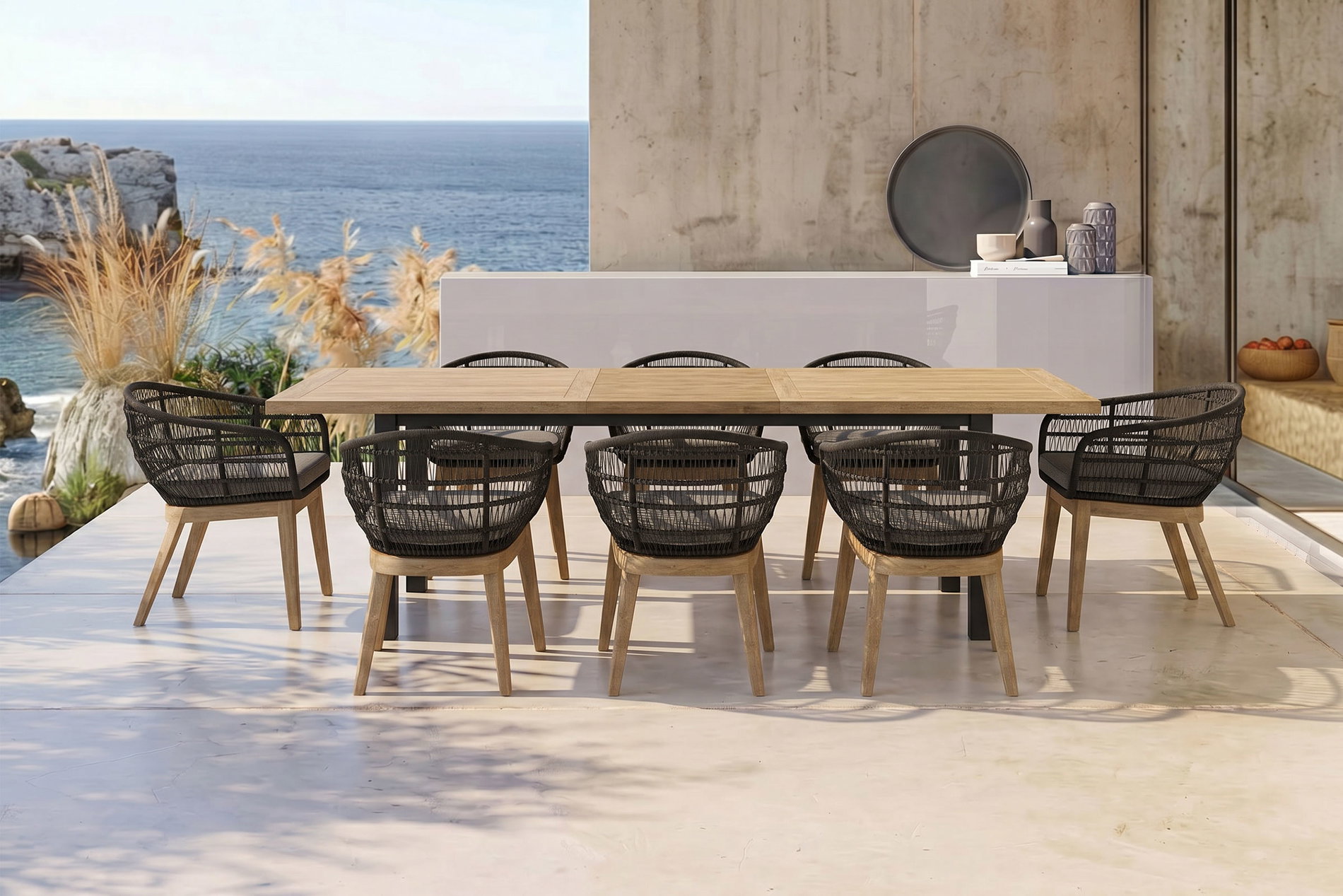 OUTFLEXX Oxford Garten-Essgruppe, anthrazit/natur, Edelstahl/recycled Teak/Rope, 200/260 x 100 cm, 8x Sessel, FSC®-zertifiziertes Produkt OUTFLEXX Oxford Garten-Essgruppe, anthrazit/natur, Edelstahl/recycled Teak/Rope, 200/260 x 100 cm, 8x Sessel, FSC®-zertifiziertes Produkt
