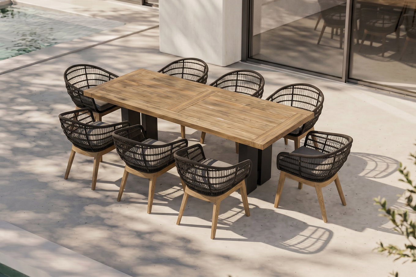 OUTFLEXX Bob Garten-Essgruppe, anthrazit/natur, Alu/recycled Teak/Rope, 220 x 100 cm, 8 x Sessel, FSC®-zertifiziertes Produkt