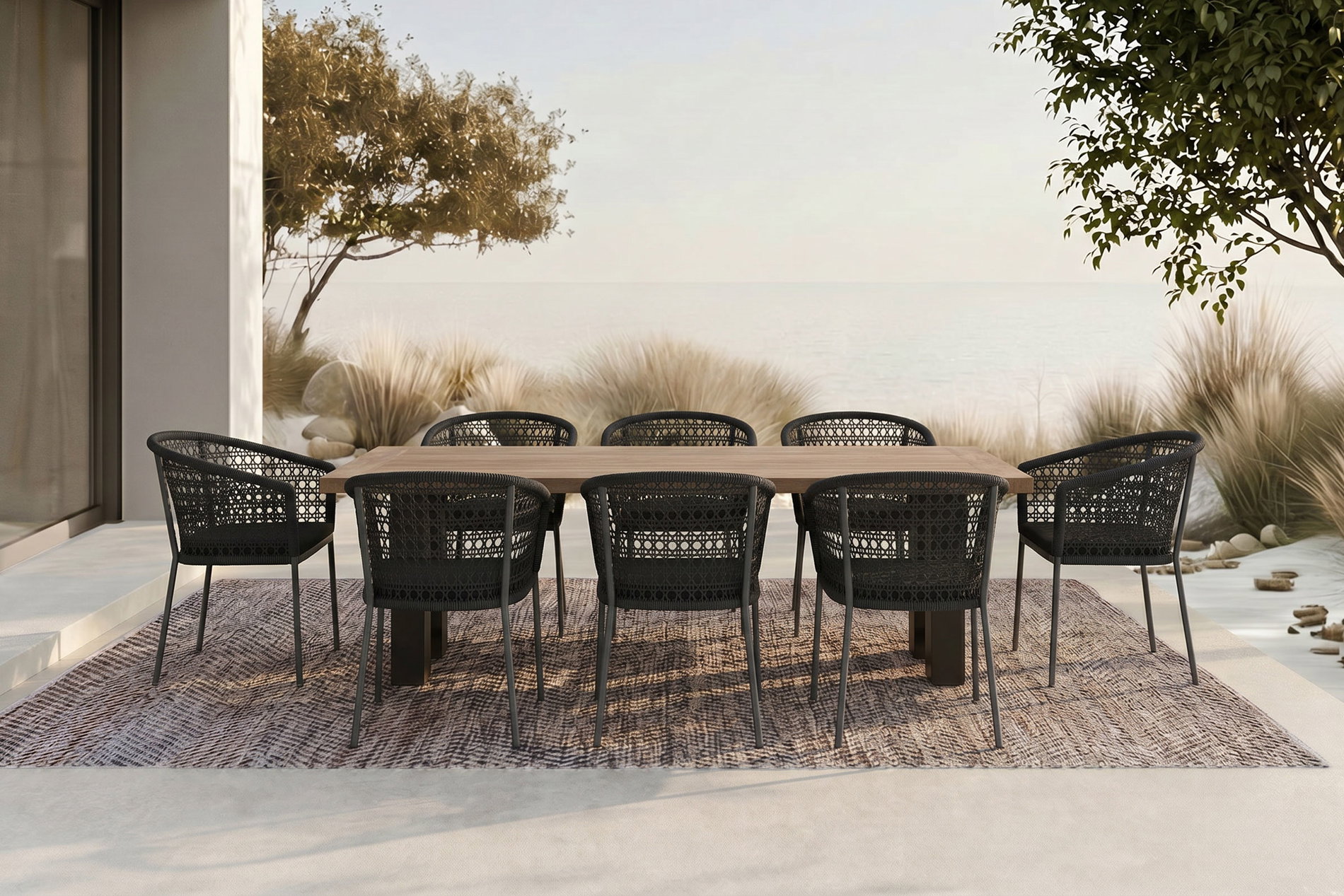 OUTFLEXX Bob/Zui Garten-Essgruppe, anthrazit/dunkelgrau, Alu/recycled Teak/Rope, 220 x 100 cm, 8 x Sessel, inkl. Polster OUTFLEXX Bob/Zui Garten-Essgruppe, anthrazit/dunkelgrau, Alu/recycled Teak/Rope, 220 x 100 cm, 8 x Sessel, inkl. Polster
