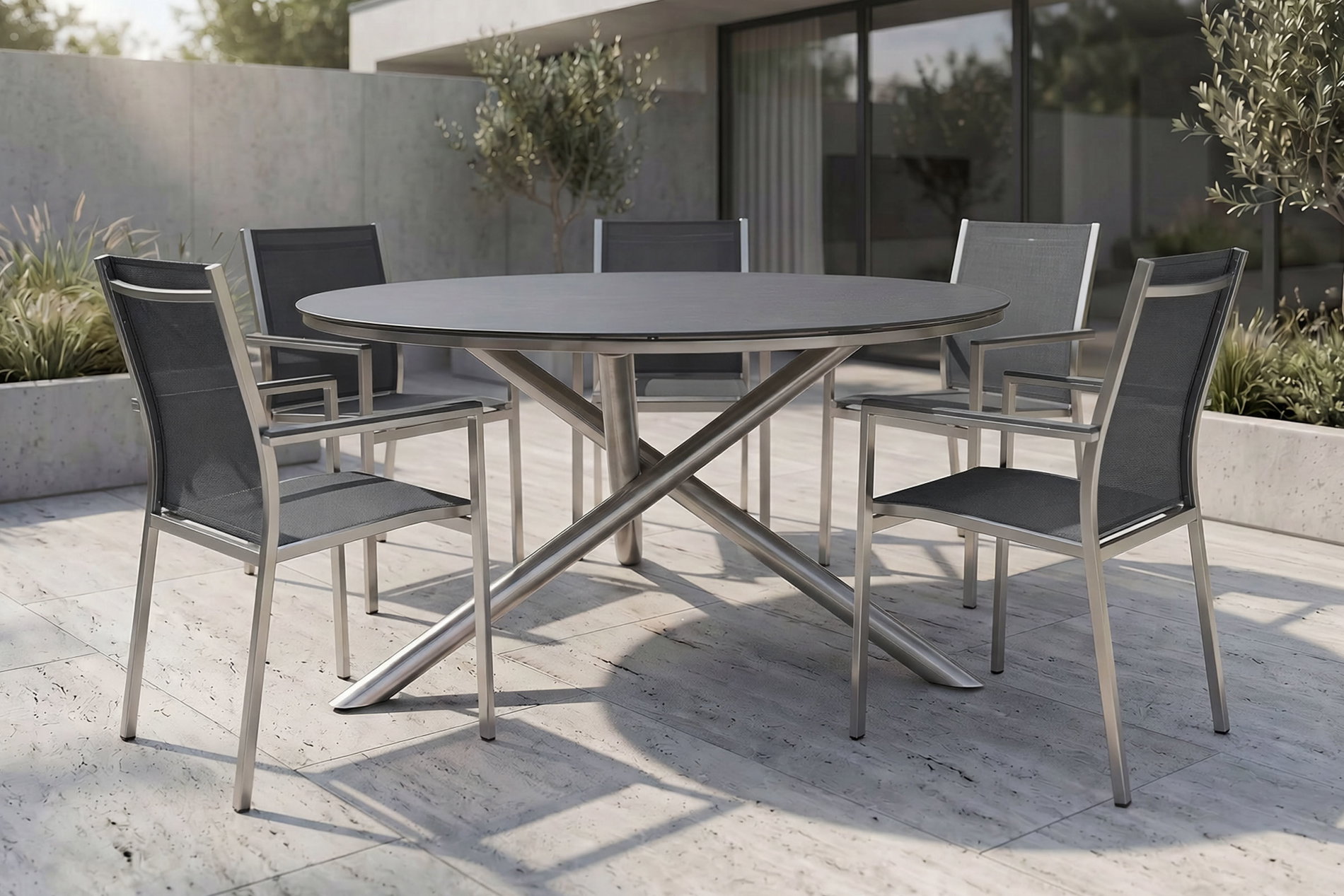 STERN Garten-Essgruppe, silber/grau, Edelstahl/Textil/Alu/Glaskeramik, Tisch Ø150cm, 5 Stapelsessel